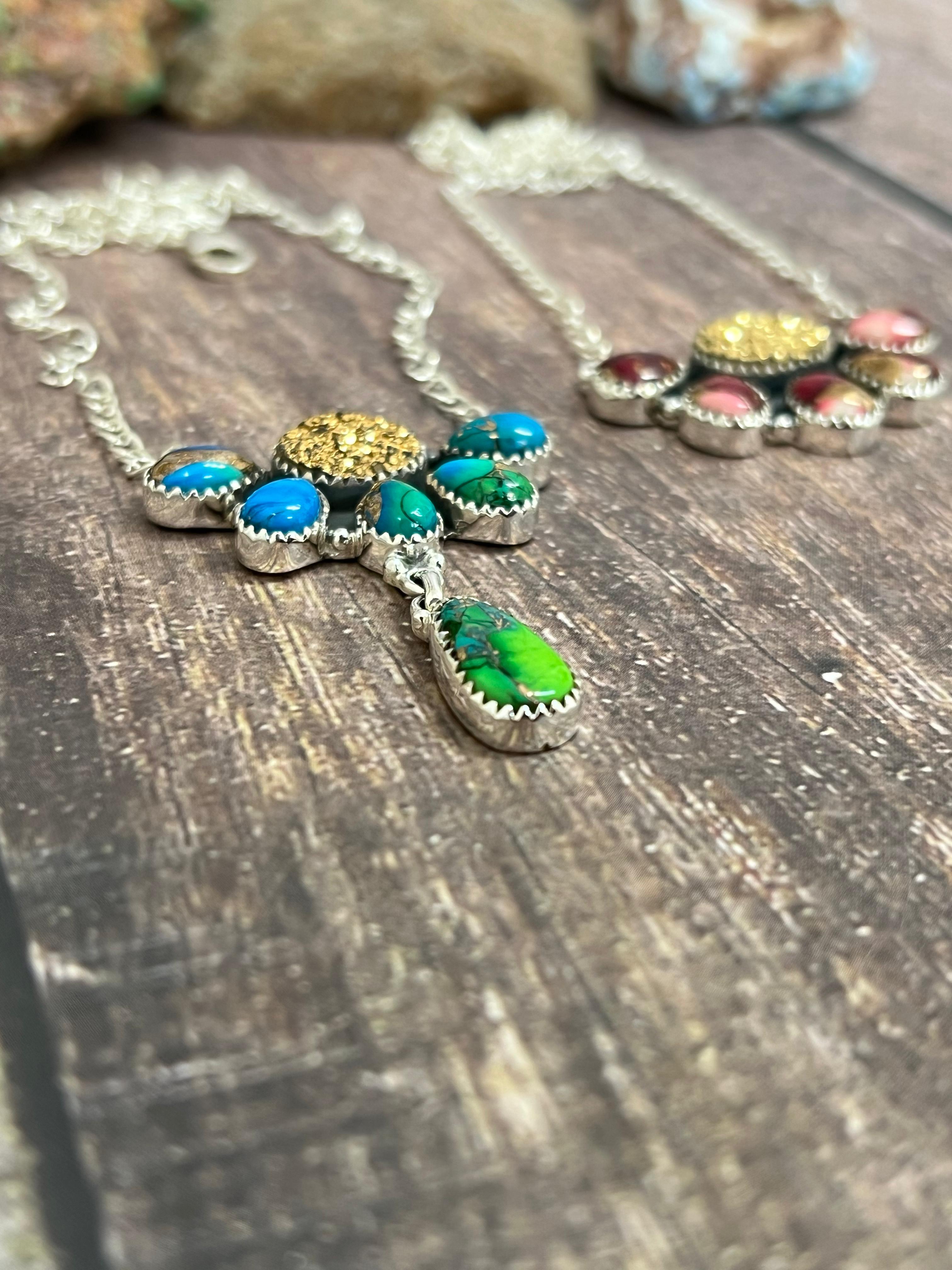 Handmade Sterling Silver Dahlia Rose with Druzy, Peacock Dahlia with Druzy Necklace with Signed Nizhoni