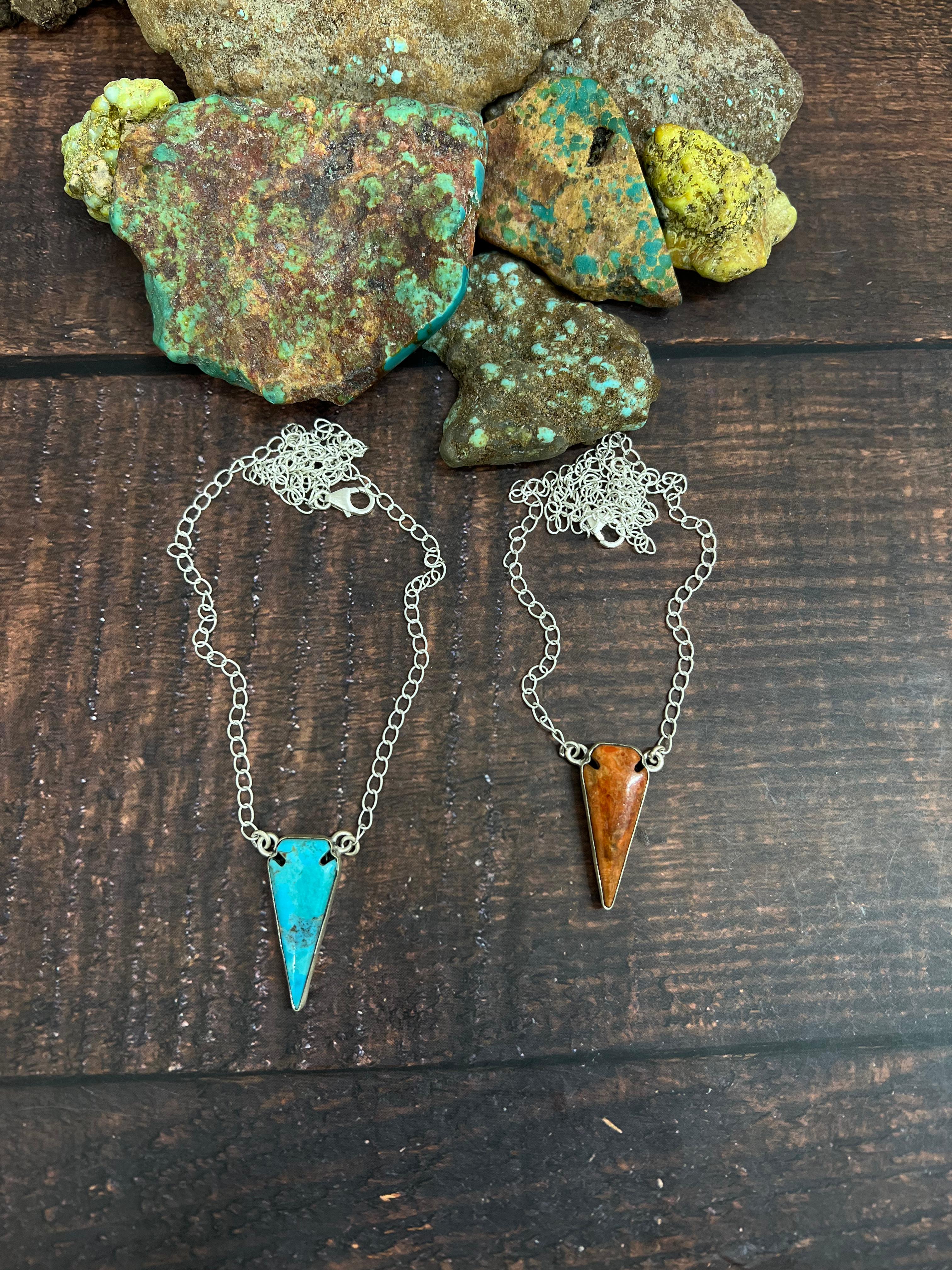 Handmade Sterling Silver Orange Mojave, Kingman Turquoise Necklace with Signed Nizhoni