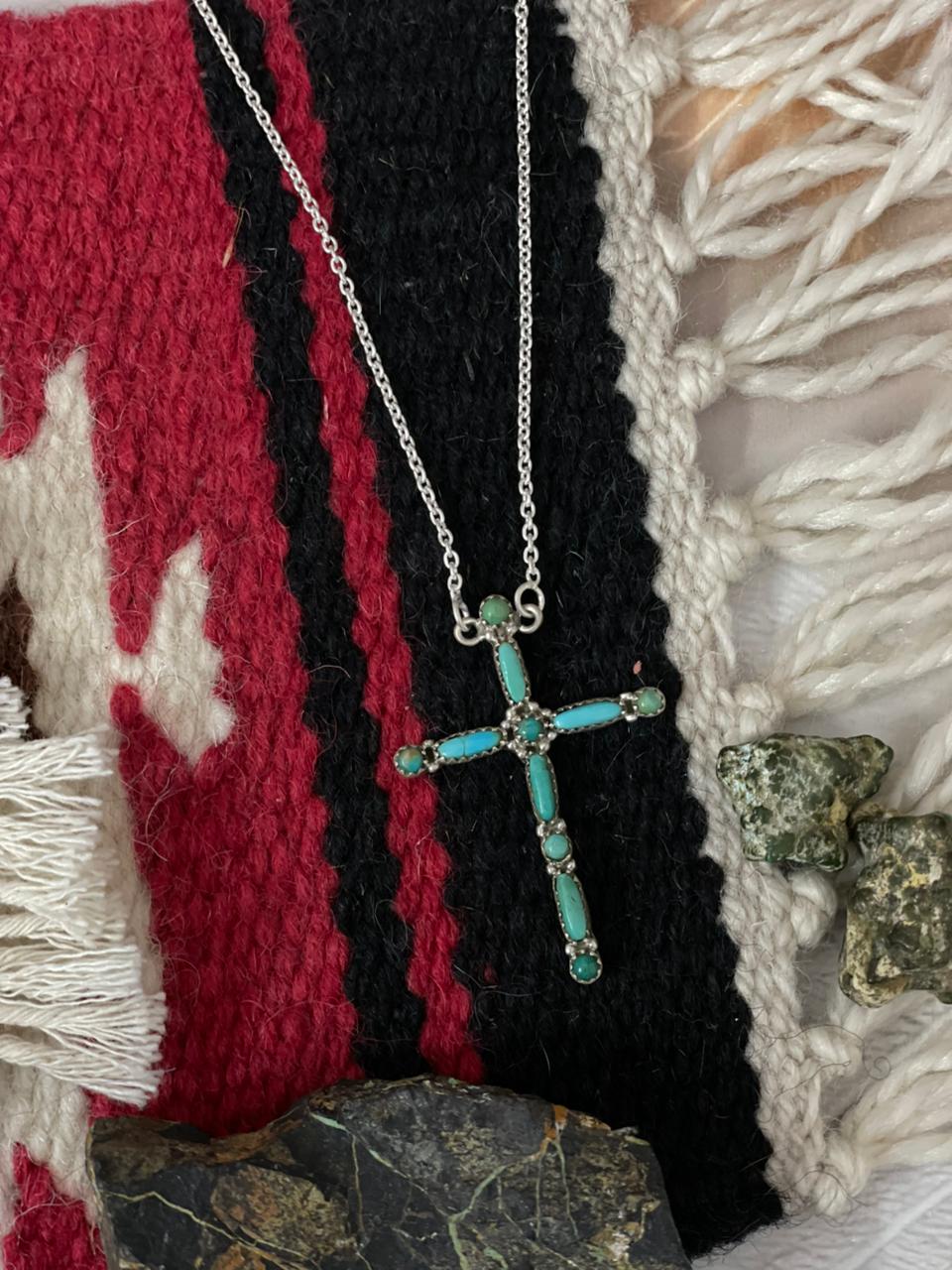 Handmade Sterling Silver Kingman Turquoise Cross Necklace "Signed Nizhoni"