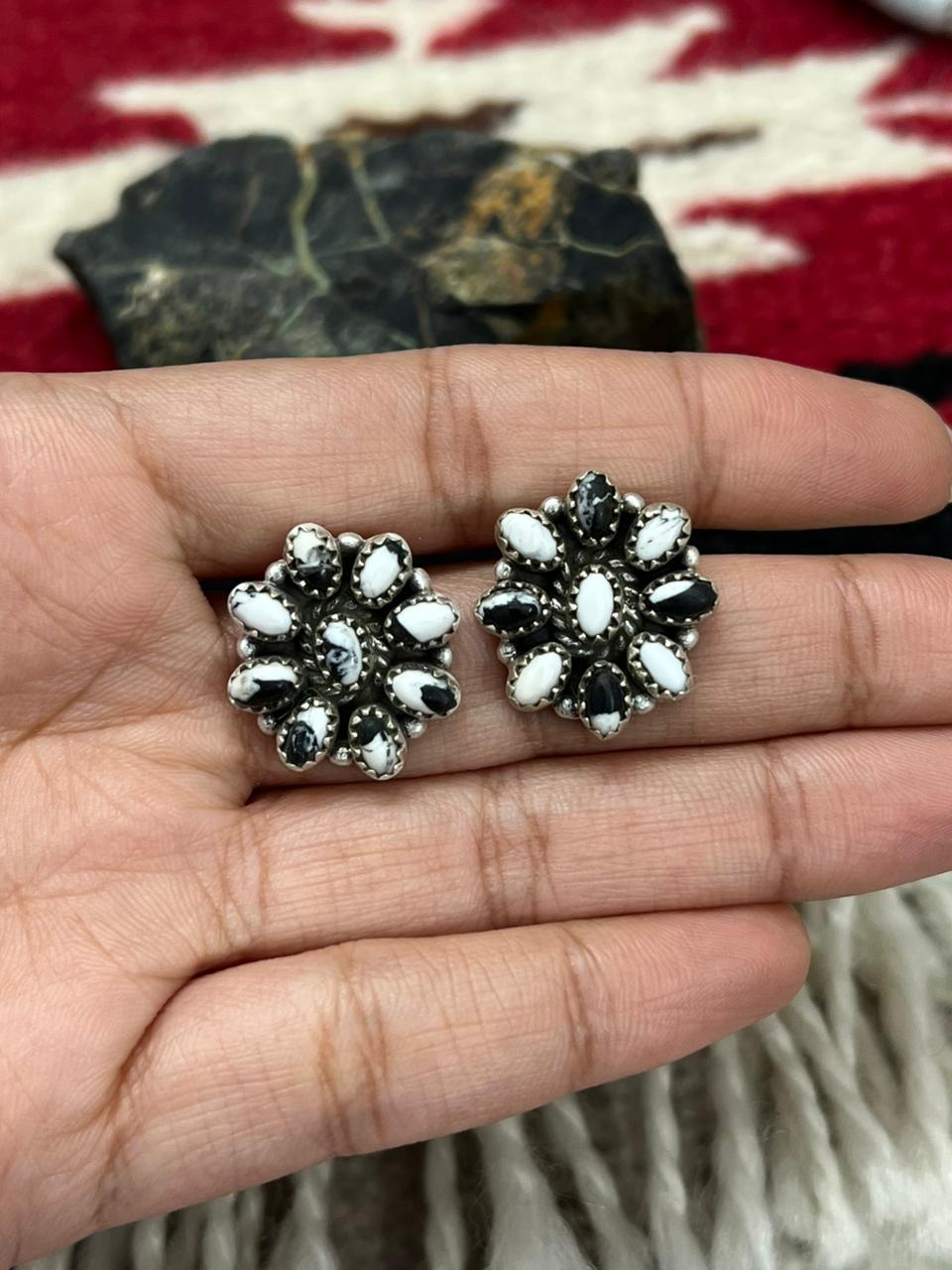 Handmade Sterling Silver White Buffalo with Red Opal Studs Post Earrings "Signed Nizhoni"