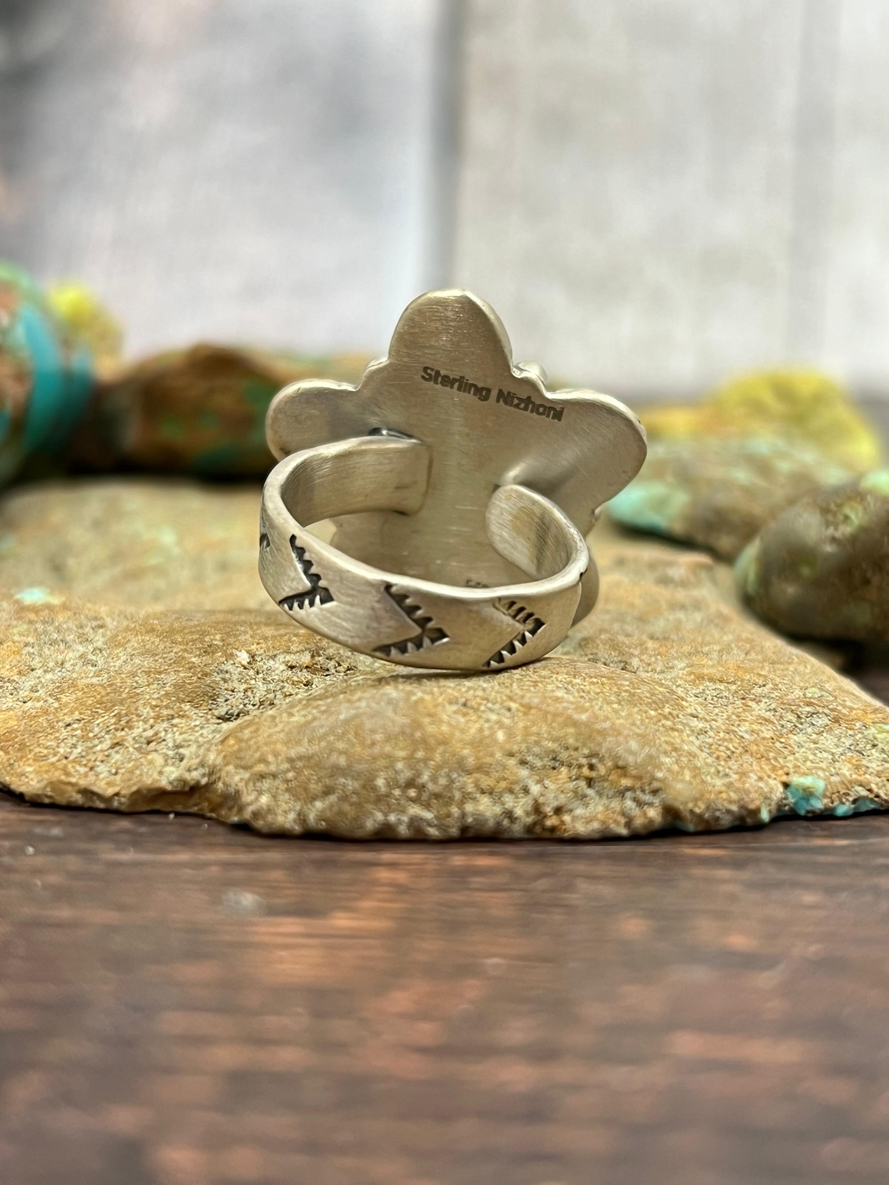 Handmade Sterling Silver Peacock Dahlia Adjustable Ring with Signed Nizhoni