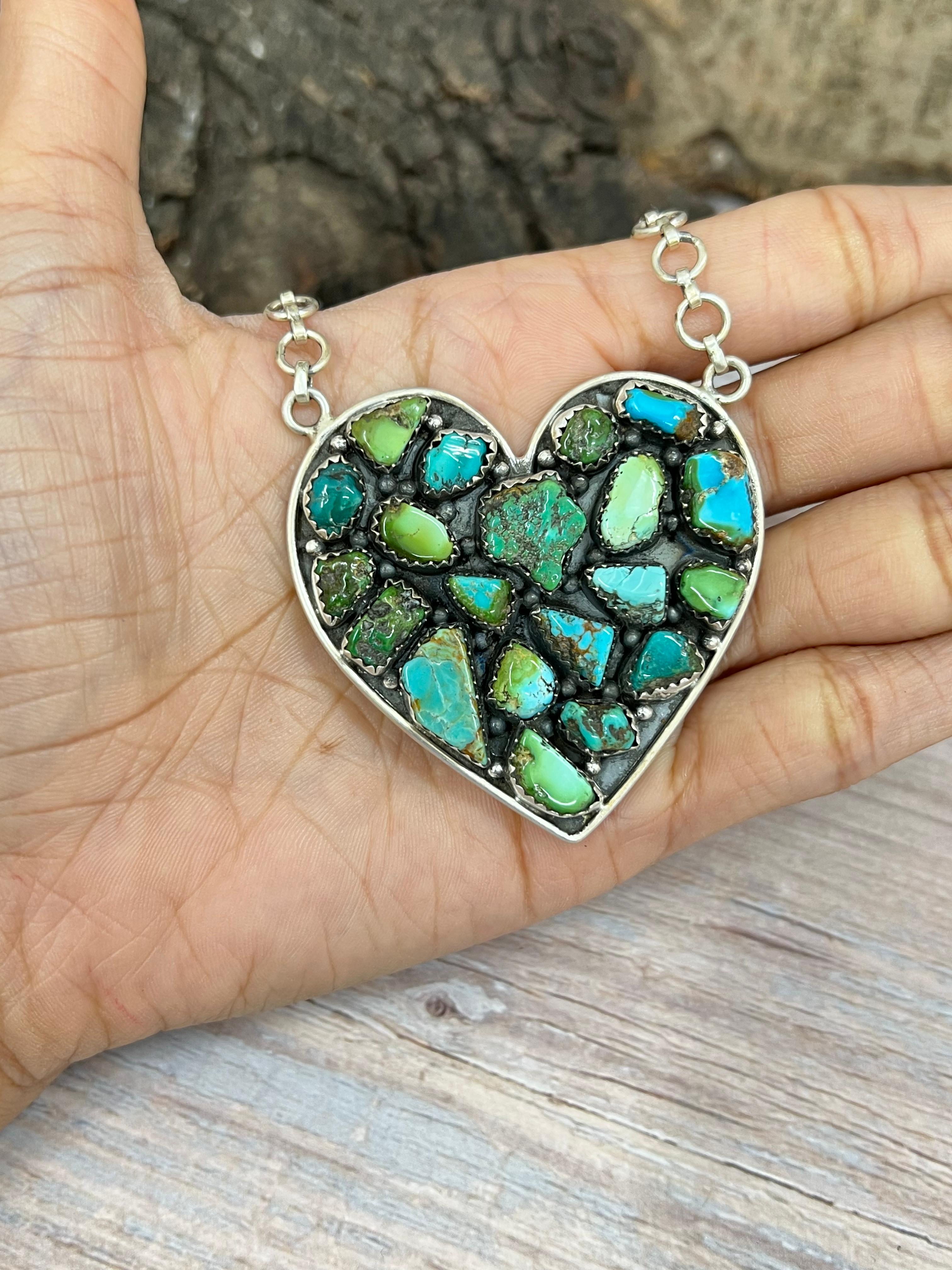 Handmade Sterling Silver Multi Stone Heart Necklace with Signed Nizhoni