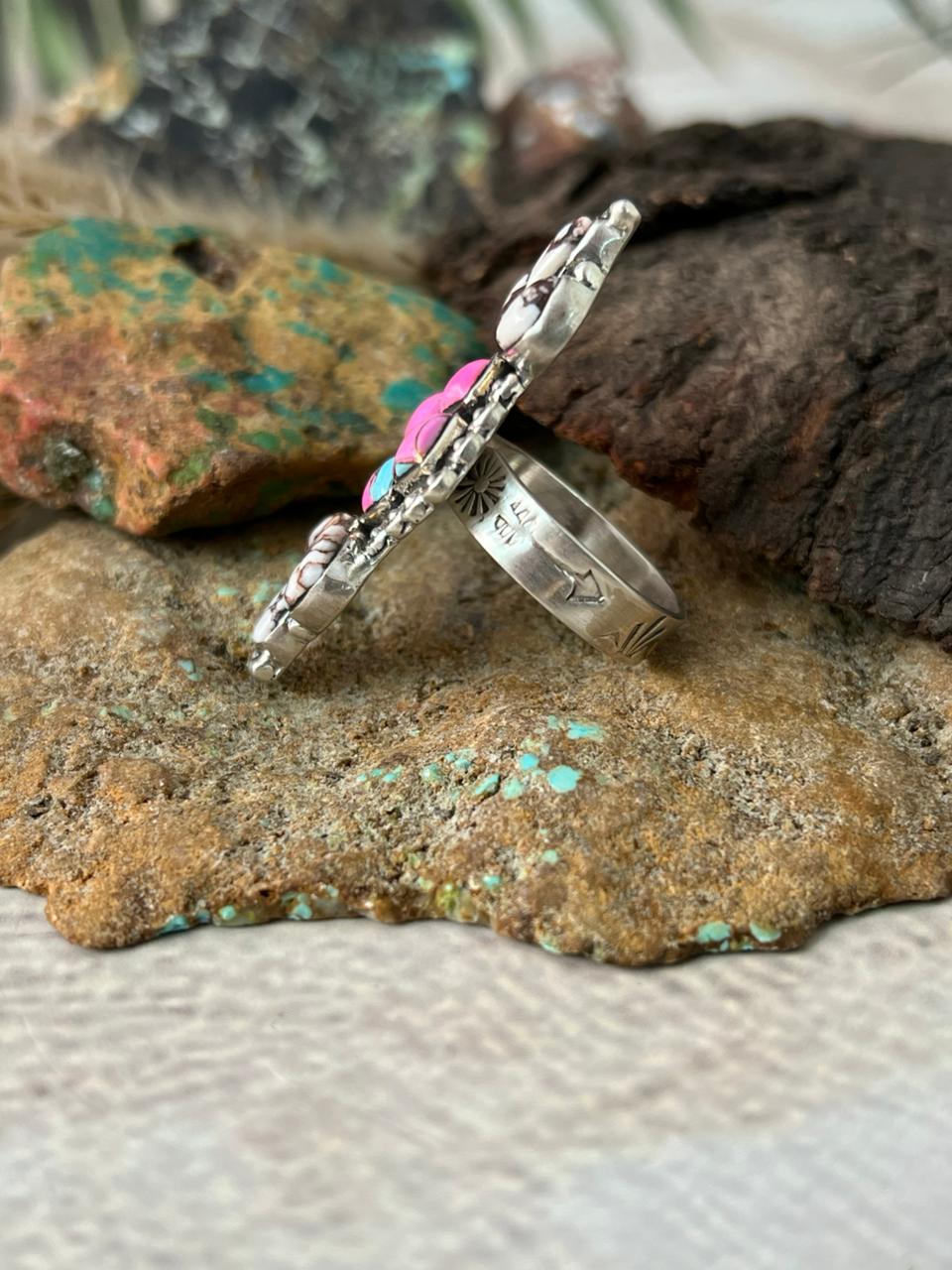 Handmade Sterling Silver Cotton Candy with Wild horse Magnesite Adjustable Ring "Signed Nizhoni"