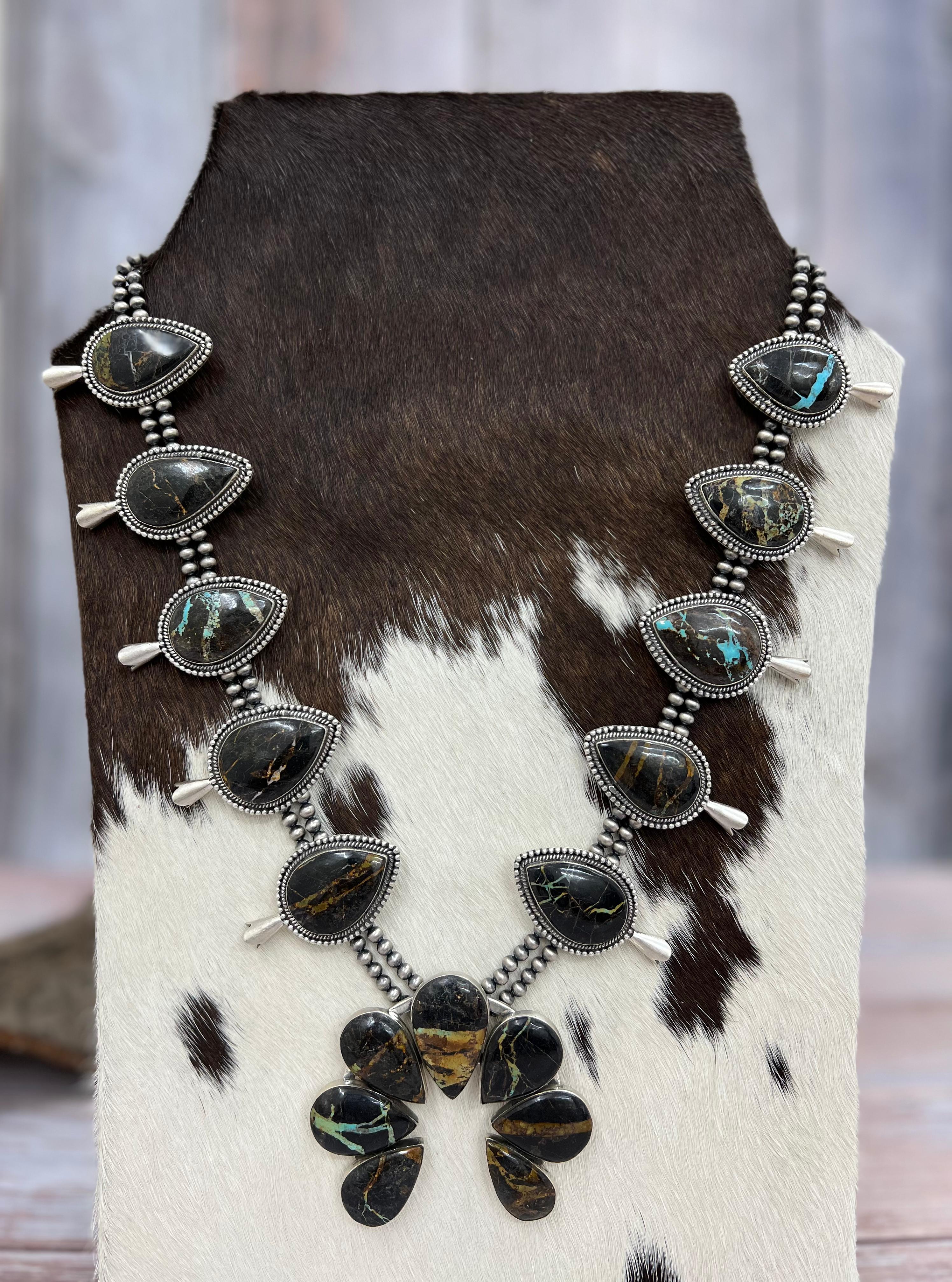 Handmade Sterling Silver Black Jack Beaded Squash Blossom Necklace with Signed Nizhoni