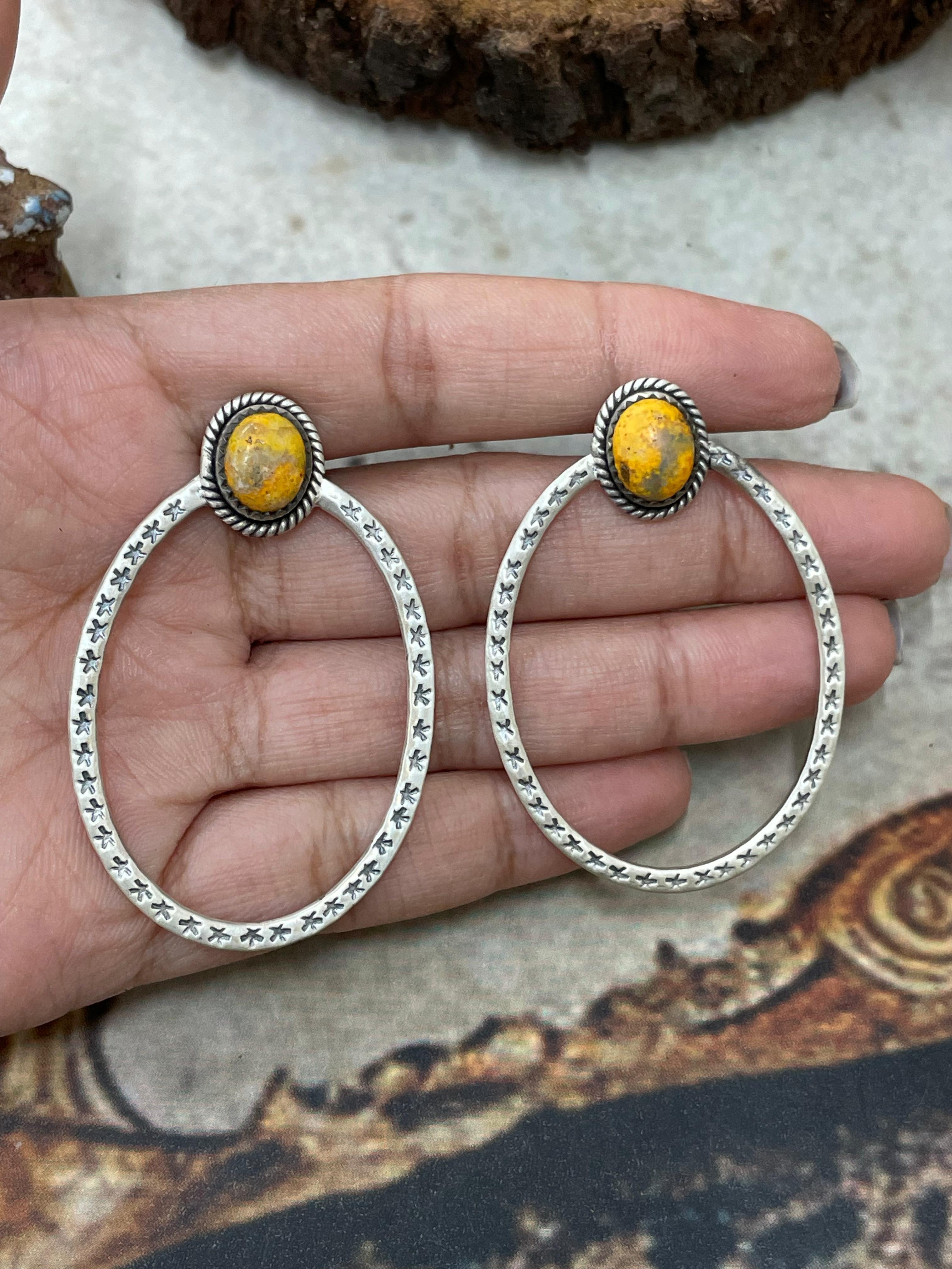 Handmade Sterling Silver Bumblebee Post Hoop Earrings with Signed Nizhoni