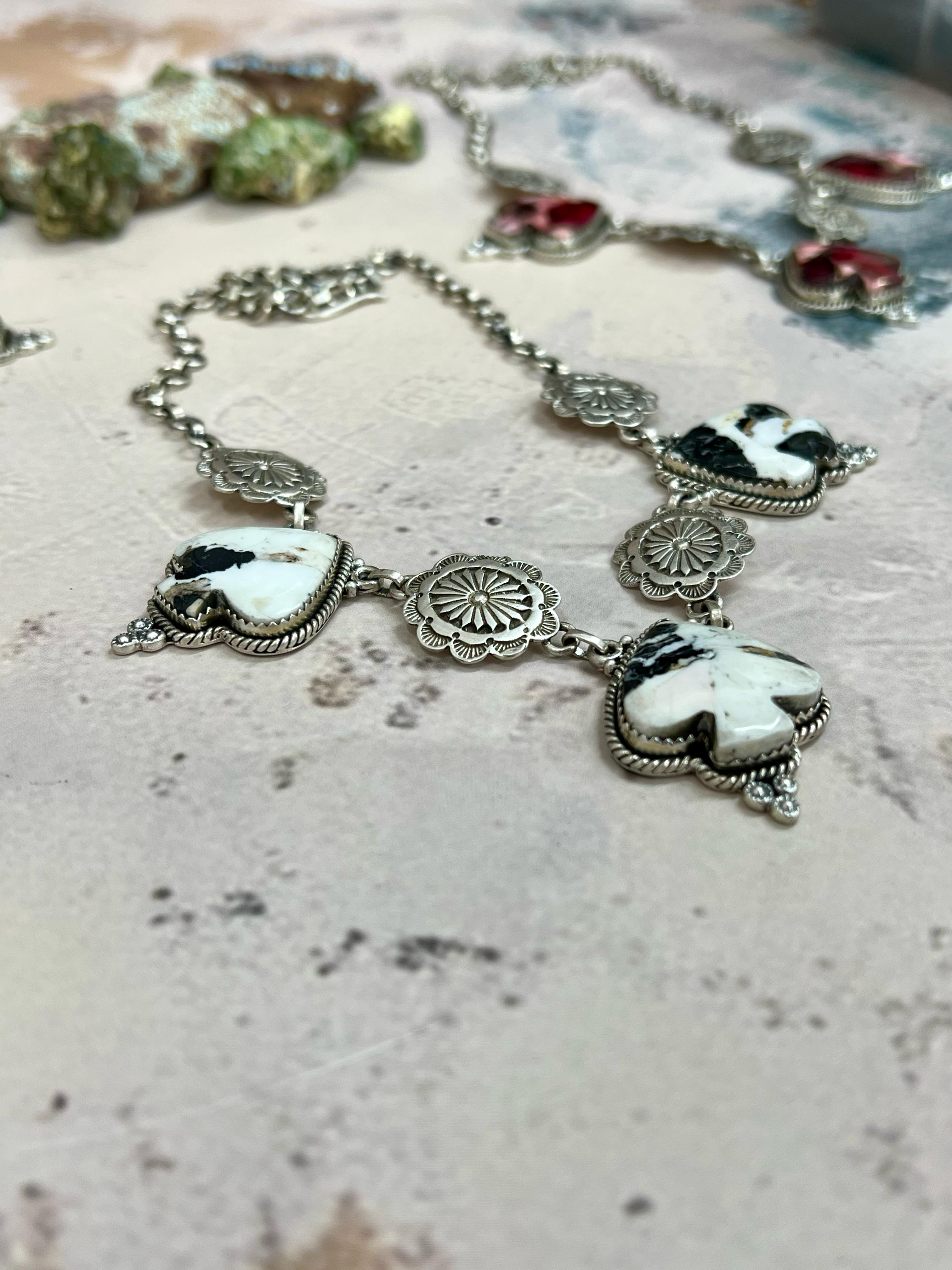 Handmade Sterling Silver White Buffalo, Royston Turquoise, Dahlia Rose Necklace, Signed Nizhoni