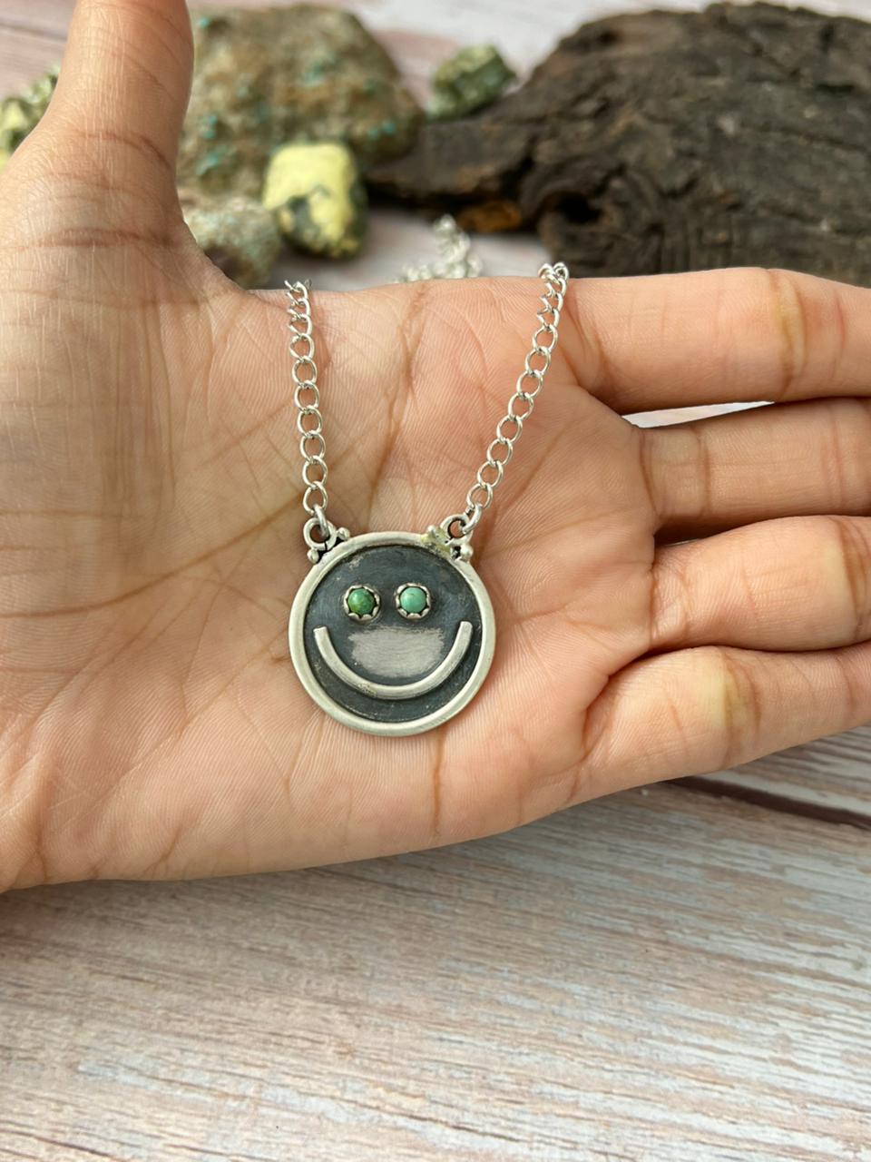 Handmade Sterling Silver Kingman Turquoise Smiley Necklace with Signed Nizhoni (1)