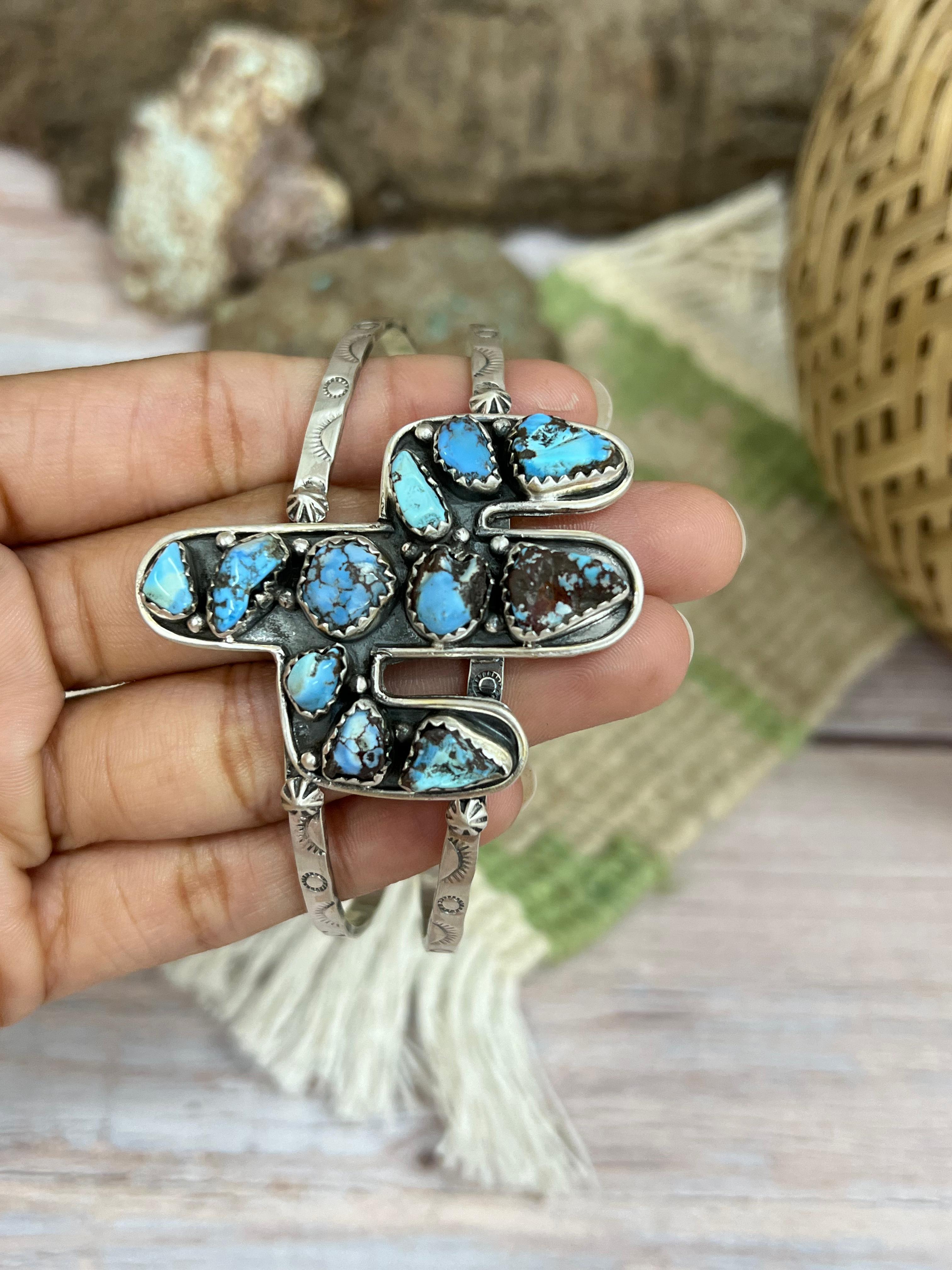 Handmade Sterling Silver Golden Hill, Sonoran Mountain Turquoise Cactus Bracelet with Signed Nizhoni /