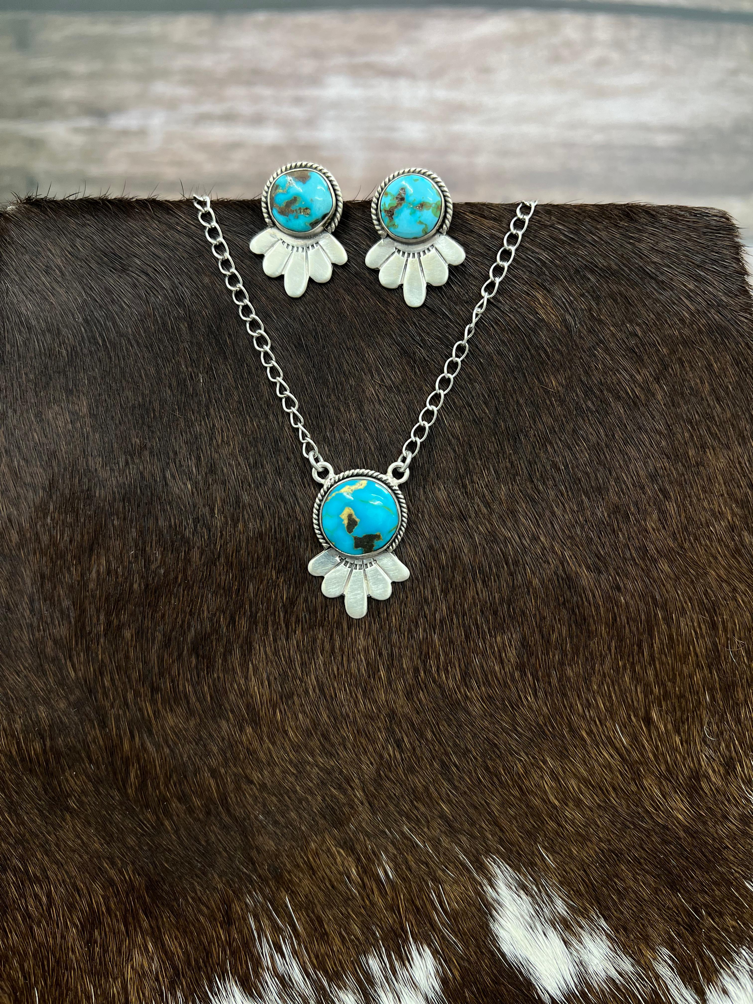 Handmade Sterling Silver South Hill Turquoise Necklace Earrings Set with Signed Nizhoni