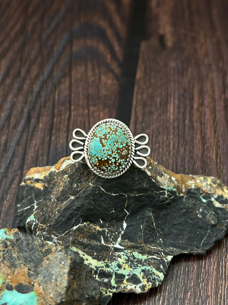 Handmade Sterling Silver Number 8 Turquoise Adjustable Ring "Singed Nizhoni"