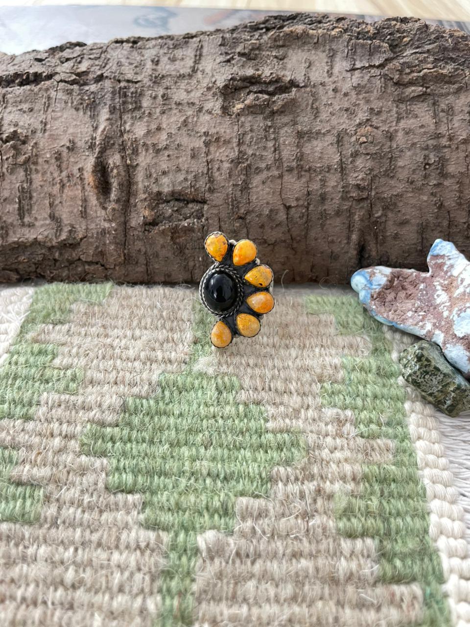 "Halloween Collection" Handmade Sterling Silver Black Onyx, Bumblebee Adjustable Ring with Signed Nizhoni