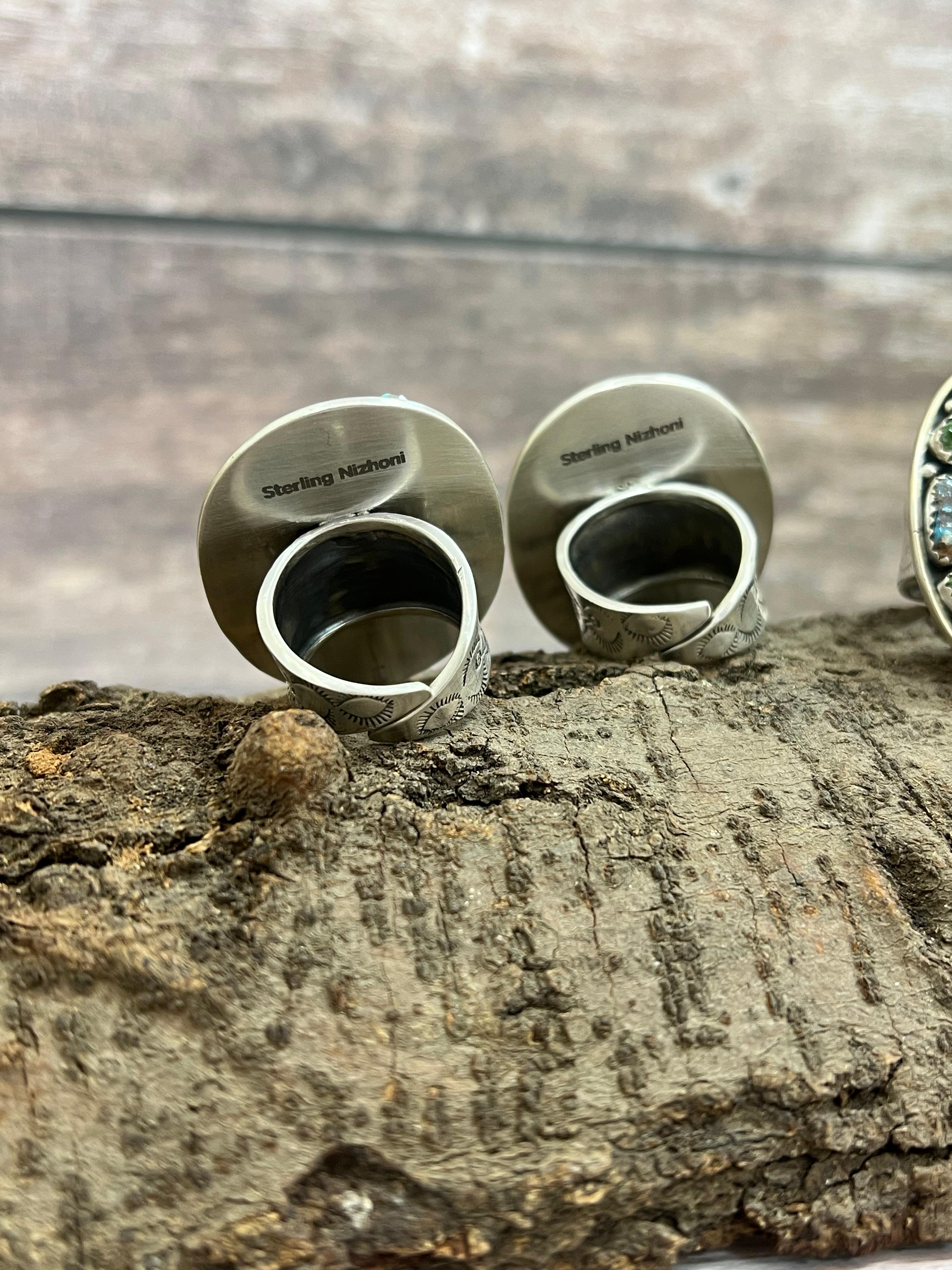 Handmade Sterling Silver Golden Hills, Number 8, Sonoran Mountain Turquoise Adjustable Ring with Signed Nizhoni