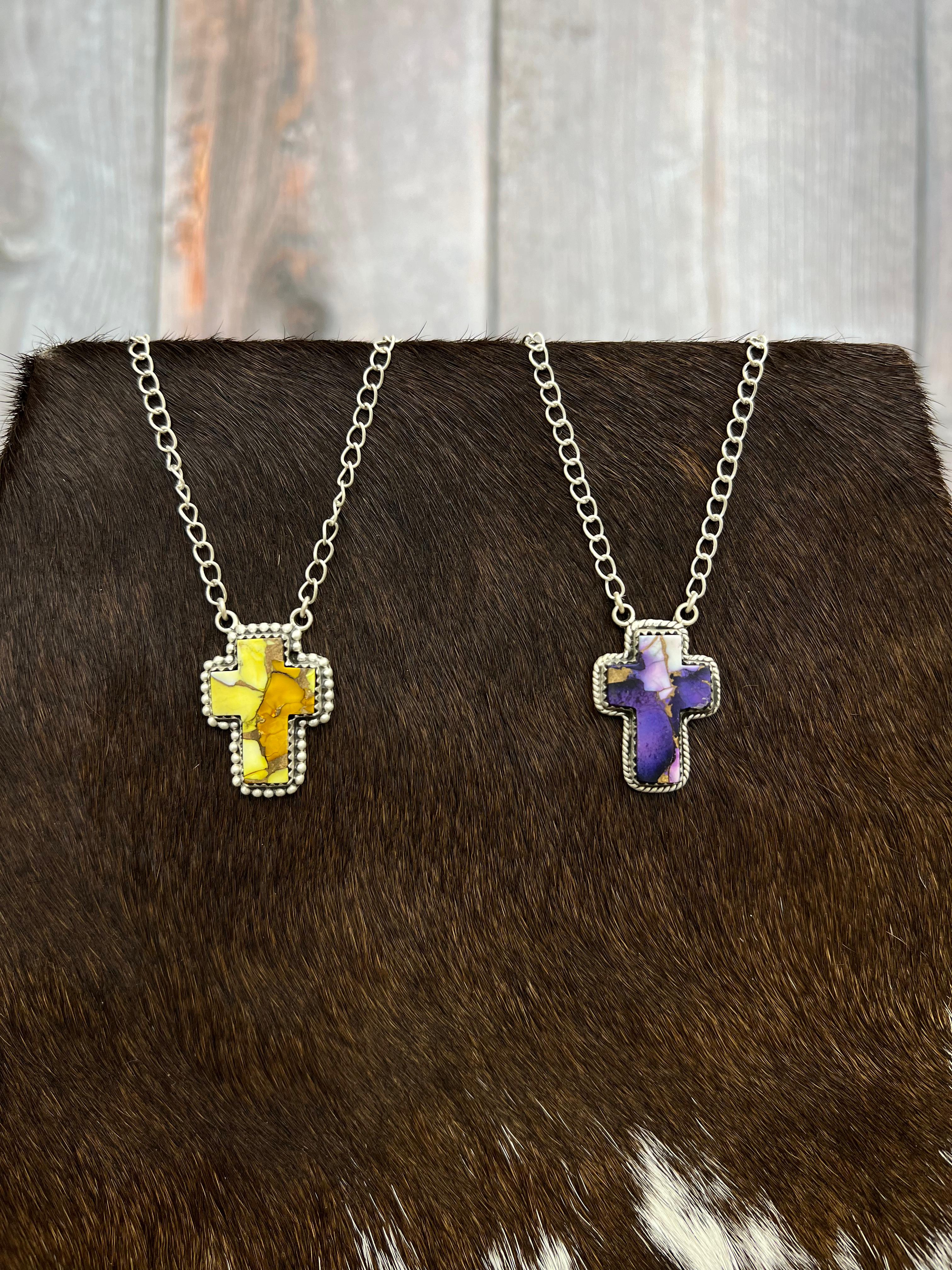 Handmade Sterling Silver Multi Gemstone Cross Necklace with Signed Nizhoni