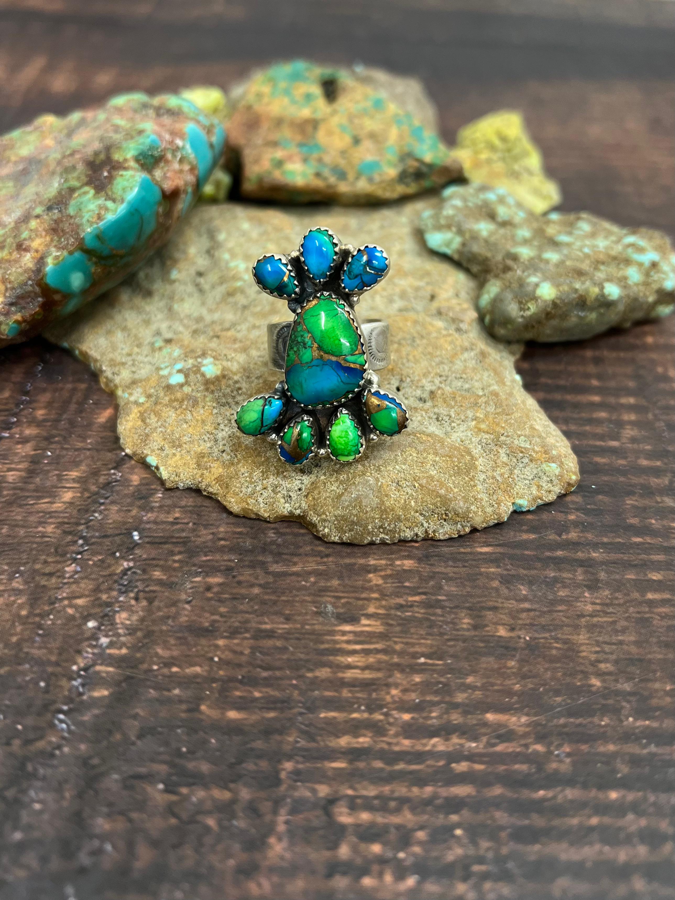 Handmade Sterling Silver Peacock Dahlia Adjustable Ring with Signed Nizhoni