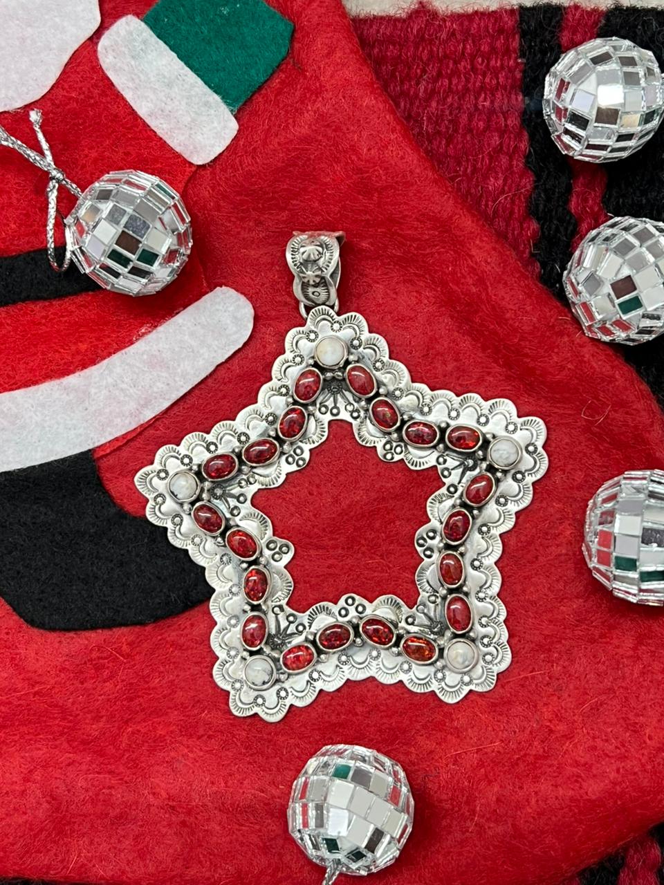 "Christmas Collection" Handmade Sterling Silver Red Opal with White Buffalo Pendant " Signed Nizhoni"