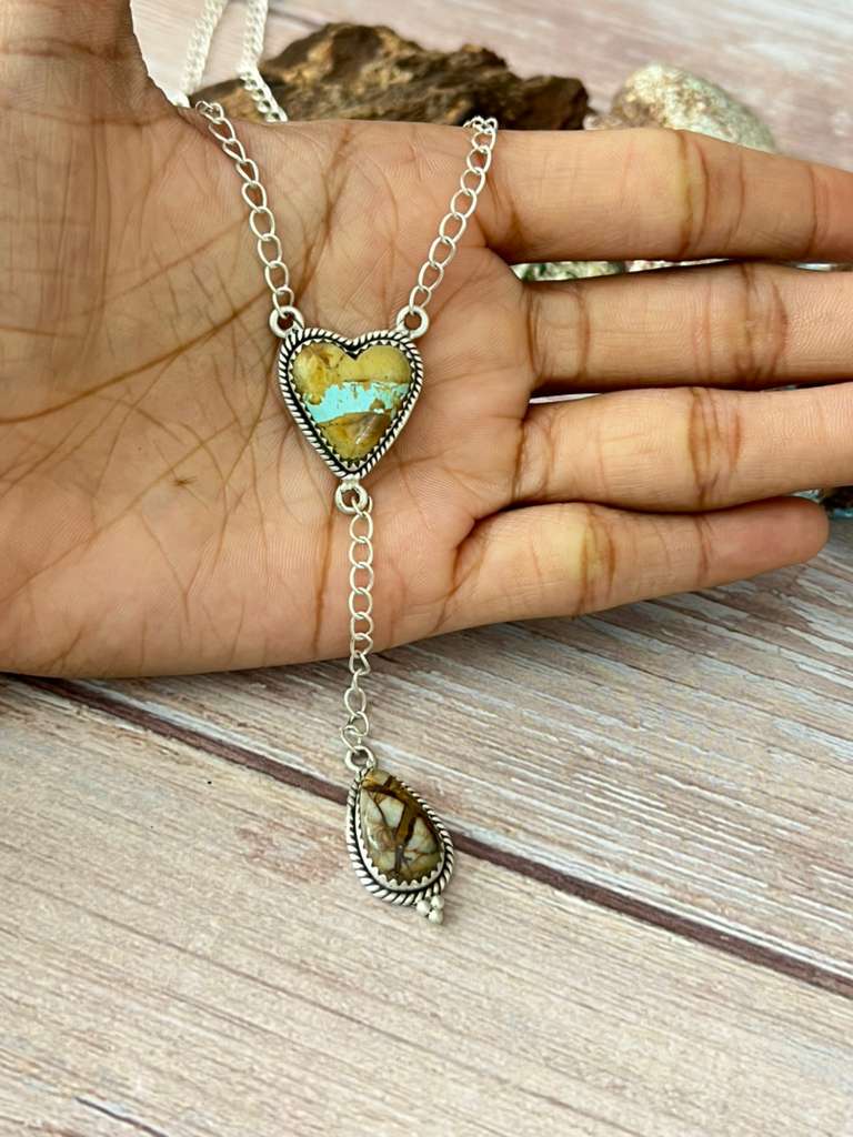 Handmade Sterling Silver Royston Ribbon Turquoise Heart Lariat Necklace Signed Nizhoni gg42