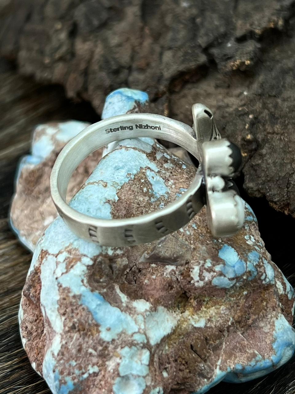 Handmade Sterling Silver White Buffalo Bull Adjustable Ring "Signed Nizhoni"