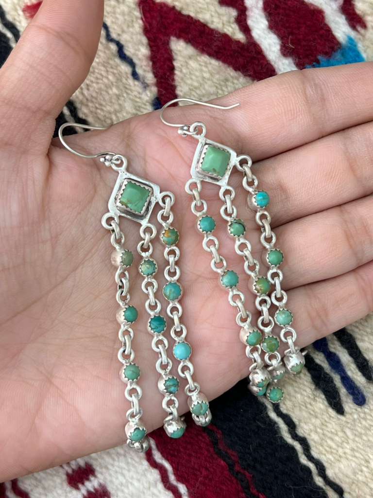 Handmade Sterling Silver Kingman Turquoise Hook Dangle Earrings with Signed Nizhoni