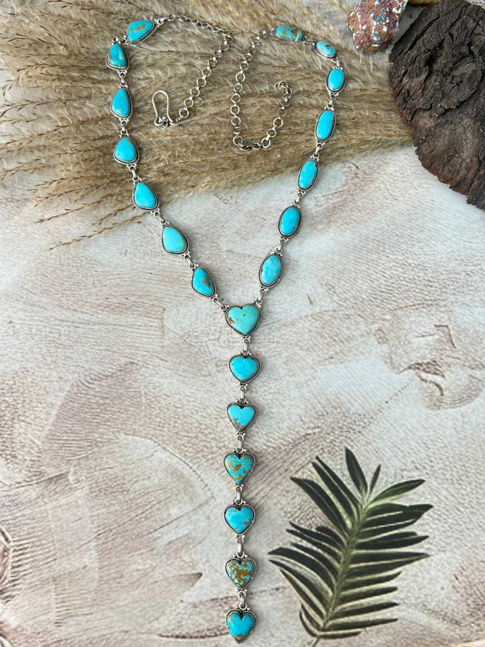 Handmade Sterling Silver Santa Maria Turquoise Heart Lariat Necklace "Signed Nizhoni"