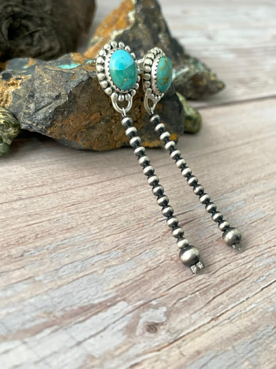 Handmade Sterling Silver Kingman Turquoise Post Beaded Earrings "Signed Nizhoni"