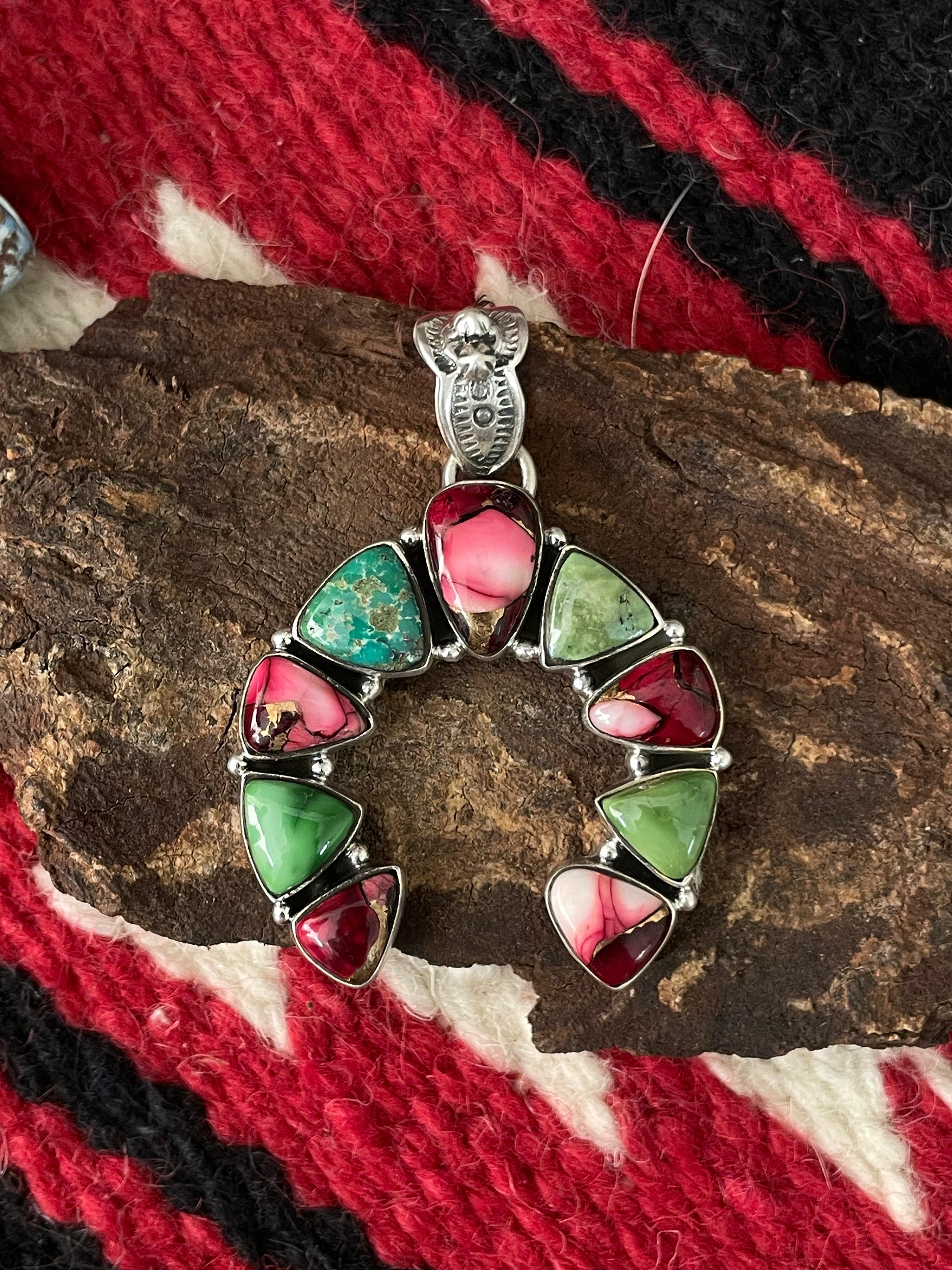 Handmade Sterling Silver Dahlia Rose with Emerald Valley Turquoise Pendant "Signed Nizhoni"