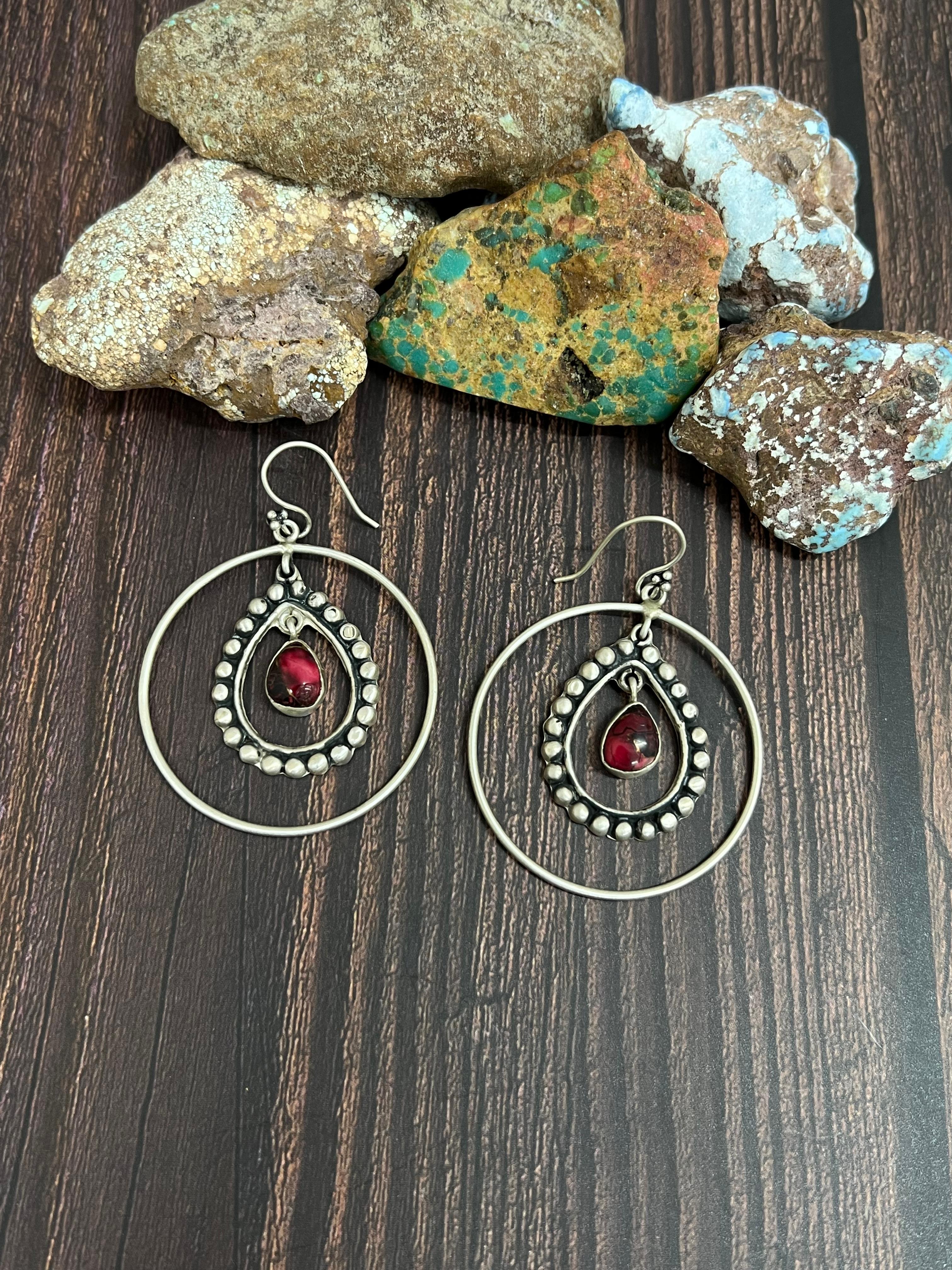 Handmade Sterling Silver Dahlia Rose Hoop Earrings with Signed Nizhoni