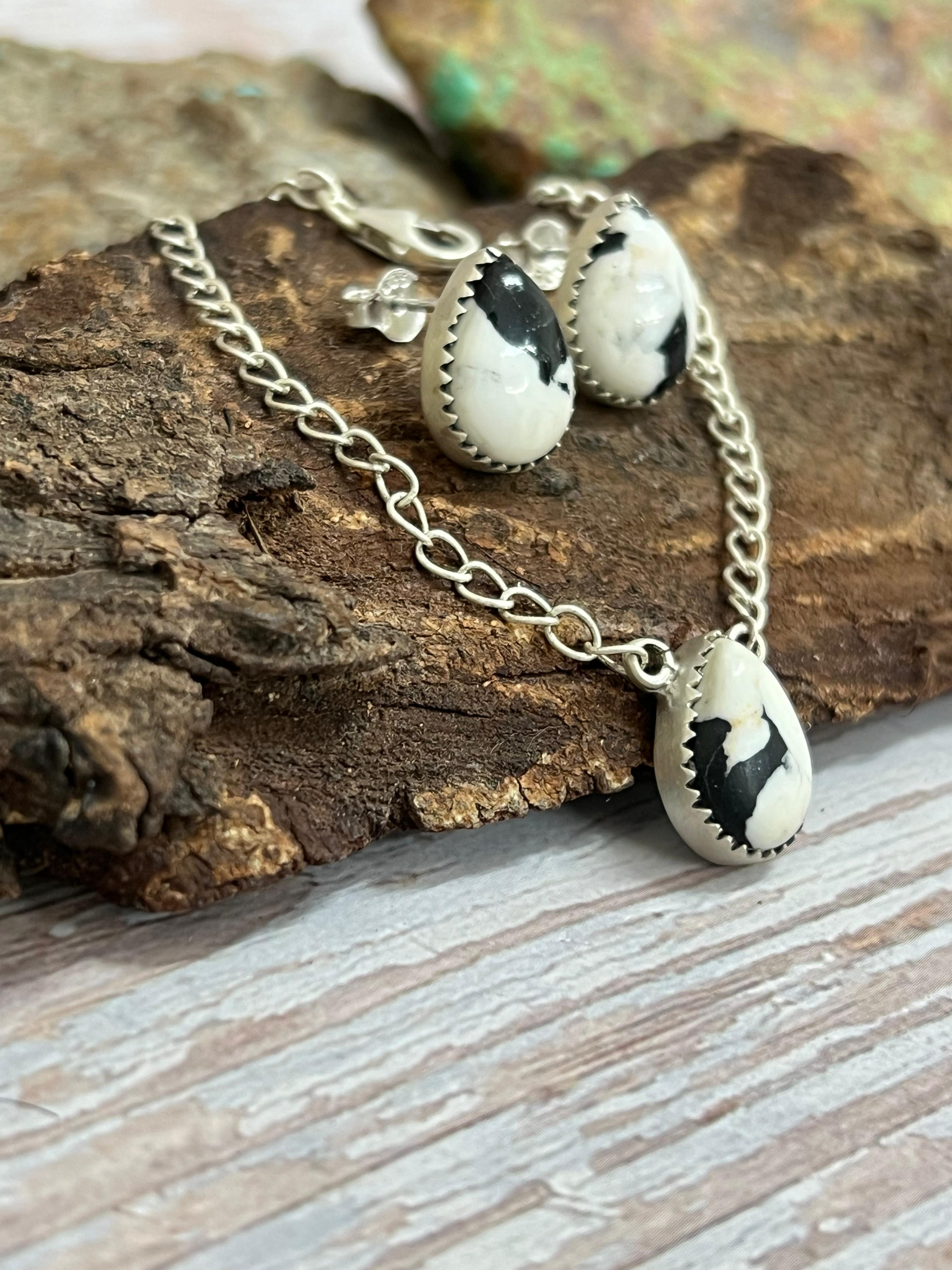 Handmade Sterling Silver White Buffalo Necklace Earrings Set with Signed Nizhoni