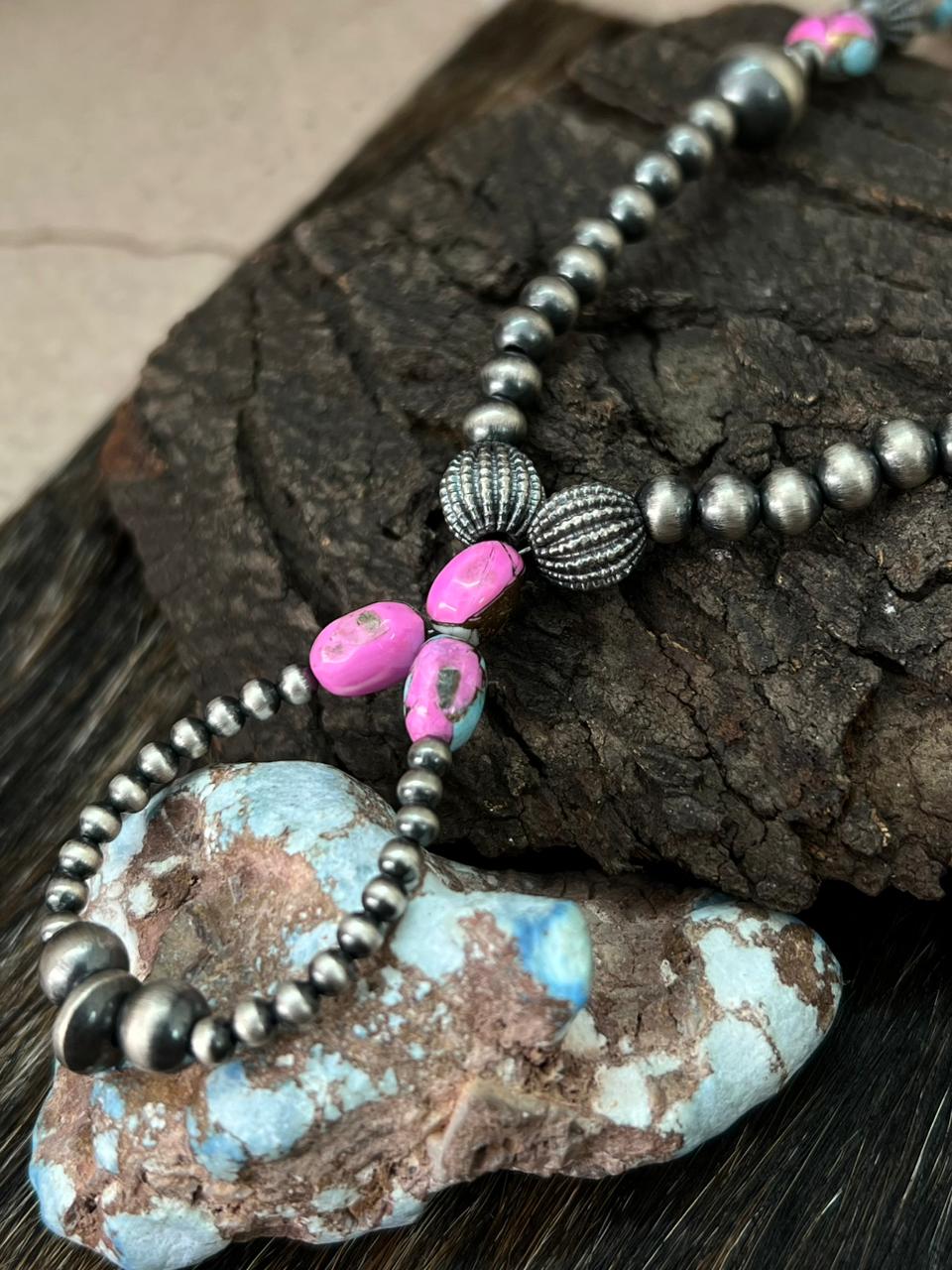 Handmade Sterling Silver Cotton Candy Beaded Necklace "Signed Nizhoni"