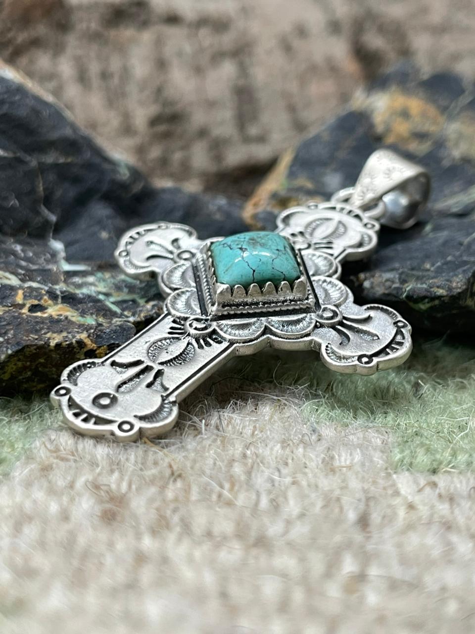 Handmade Sterling Silver Kingman Turquoise Cross Pendant "Signed Nizhoni"