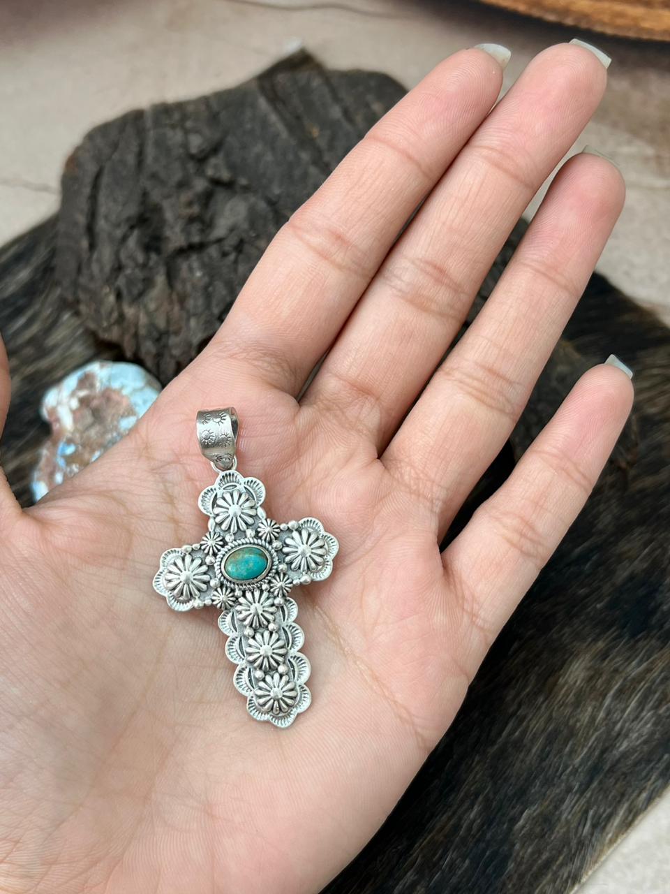 Handmade Sterling Silver Kingman Turquoise Cross Pendant "Signed Nizhoni" (5)