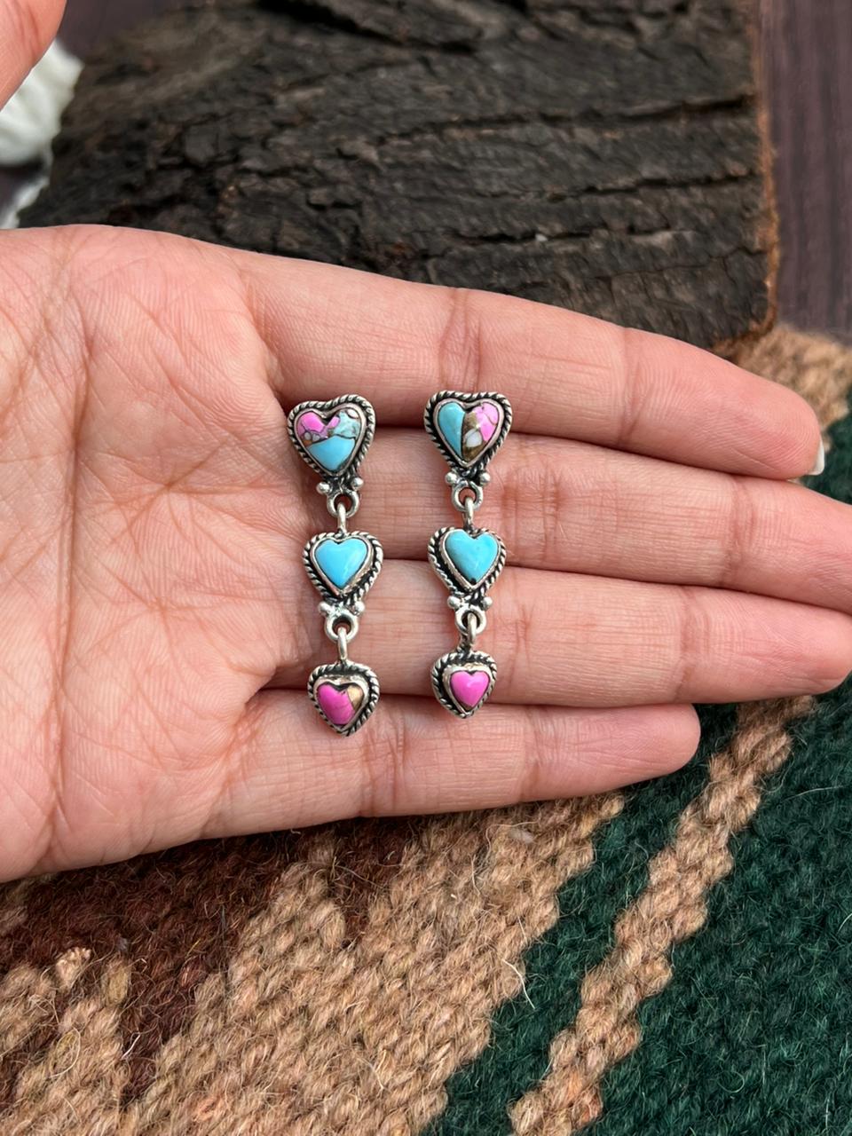 "Heart Collection" Handmade Sterling Silver Cotton Candy Post Dangle Earrings "Signed Nizhoni"