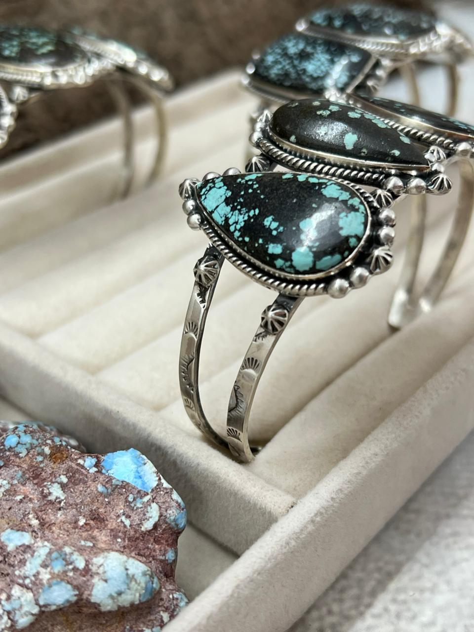 Handmade Sterling Silver Lander Turquoise Cuff Bracelet with Signed Nizhoni