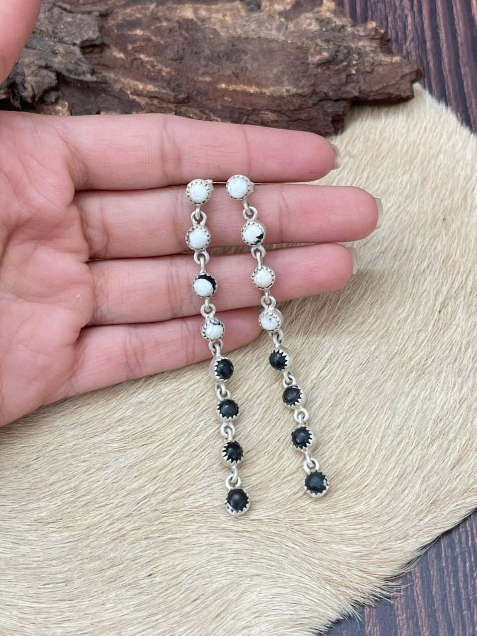 Handmade Sterling Silver White Buffalo Post Dangle Earrings "Signed Nizhoni" (4)