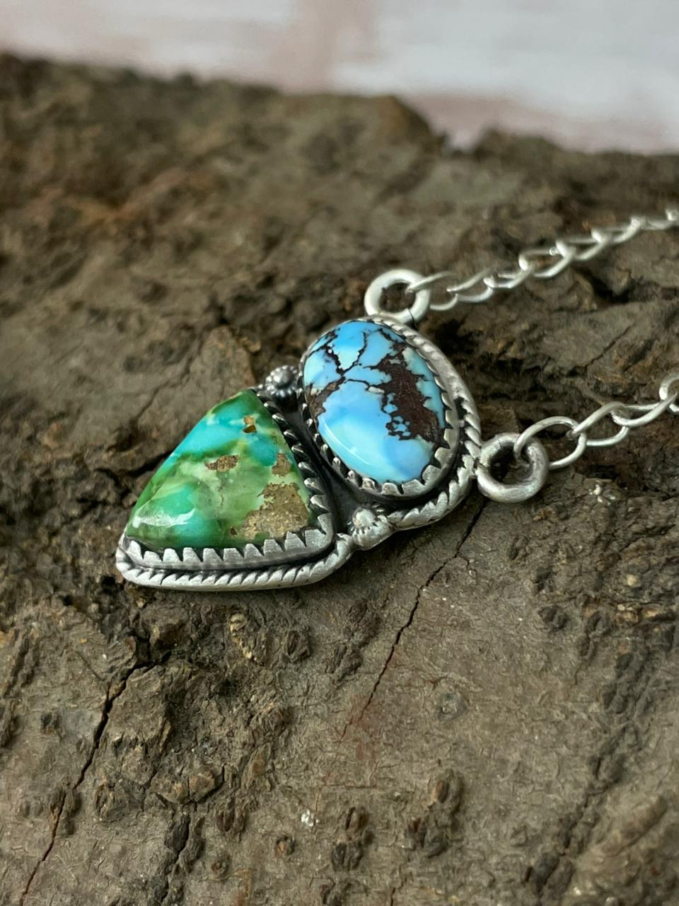 Handmade Sterling Silver Golden Hills Turquoise with Sonoran Mountain Turquoise Necklace "Signed Nizhoni"