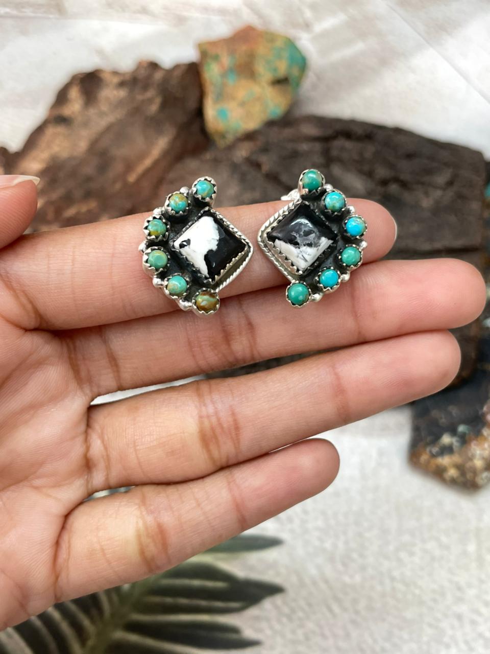 Handmade Sterling Silver White Buffalo with Kingman Turquoise Studs Post Earrings "Signed Nizhoni"