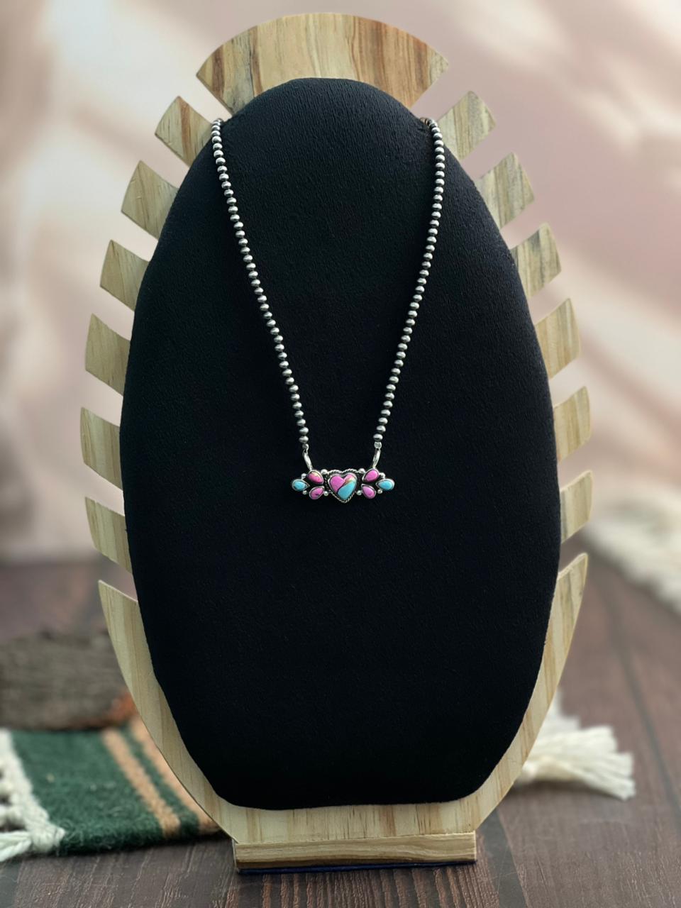 "Heart Collection" Handmade Sterling Silver Beaded Cotton Candy Necklace "Signed Nizhoni"