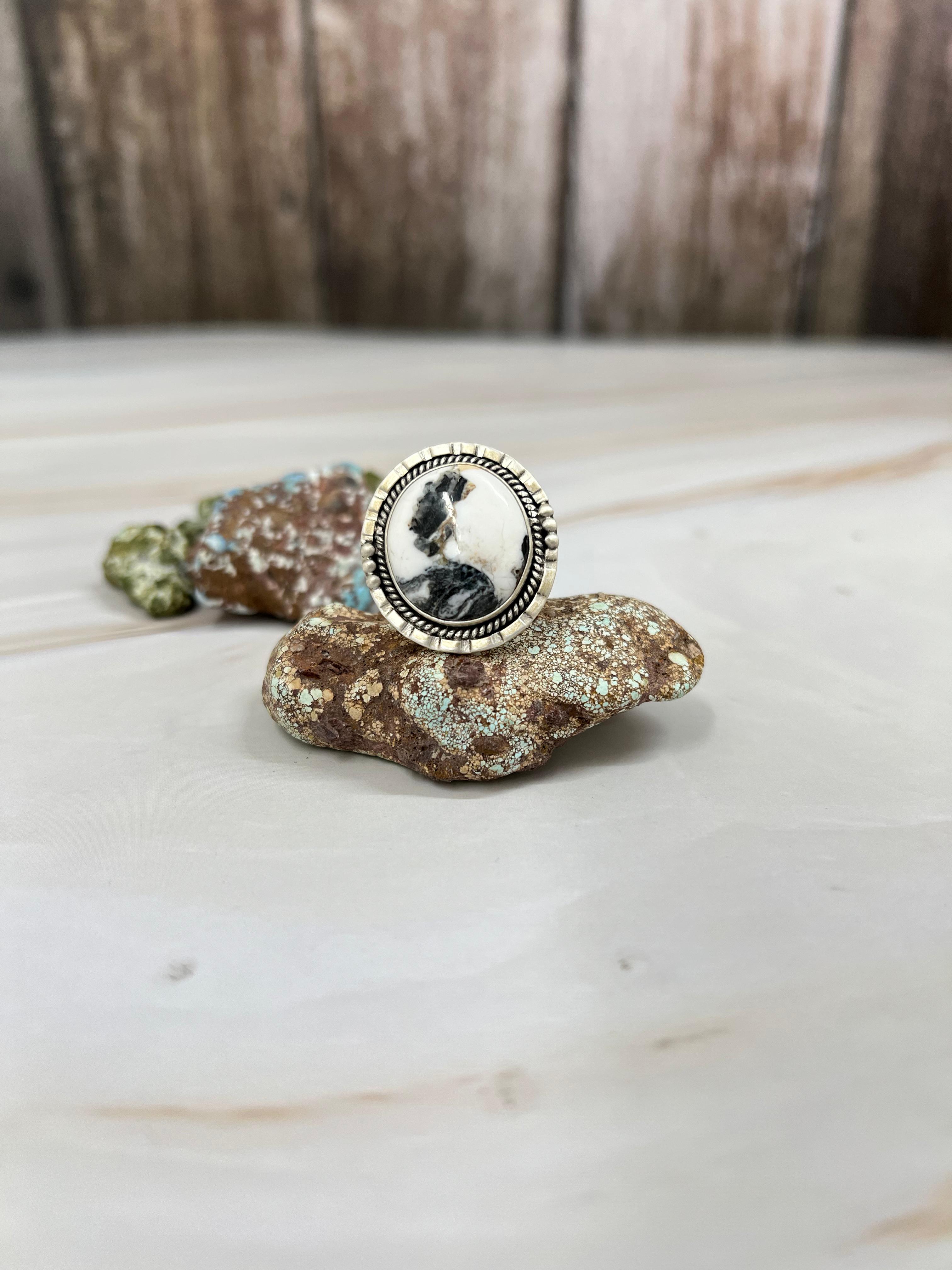 Handmade Sterling Silver White Buffalo Turquoise Adjustable Ring with Signed Nizhoni (8)