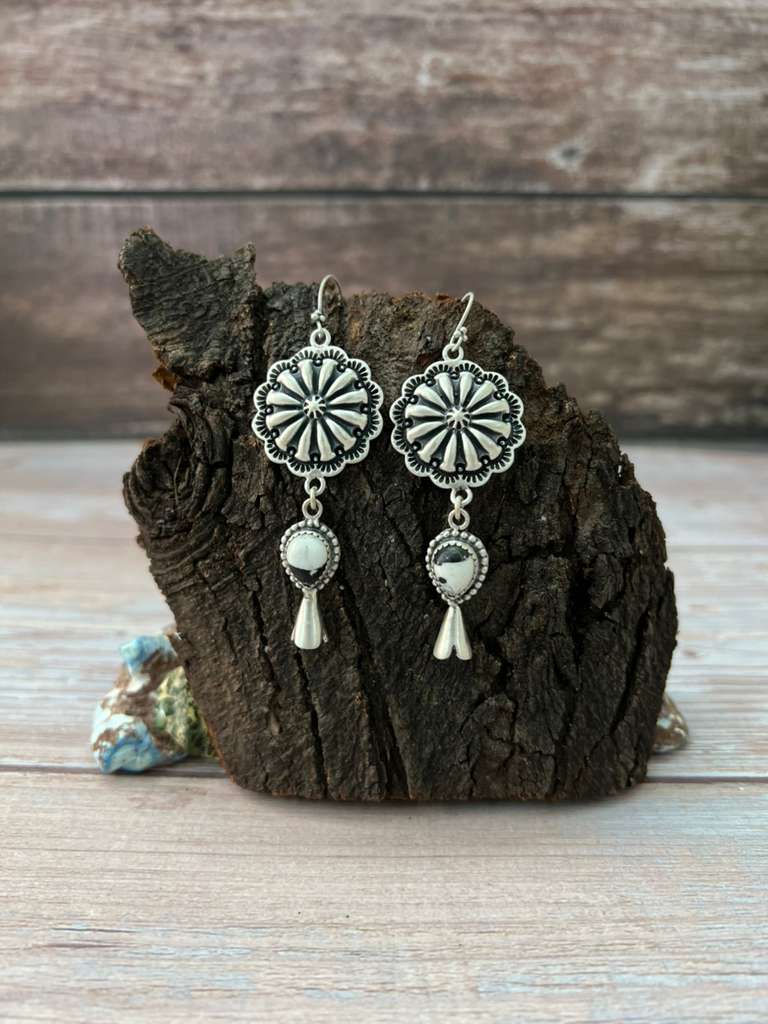 Handmade Sterling Silver White Buffalo Hook Dangle Earrings "Signed Nizhoni"