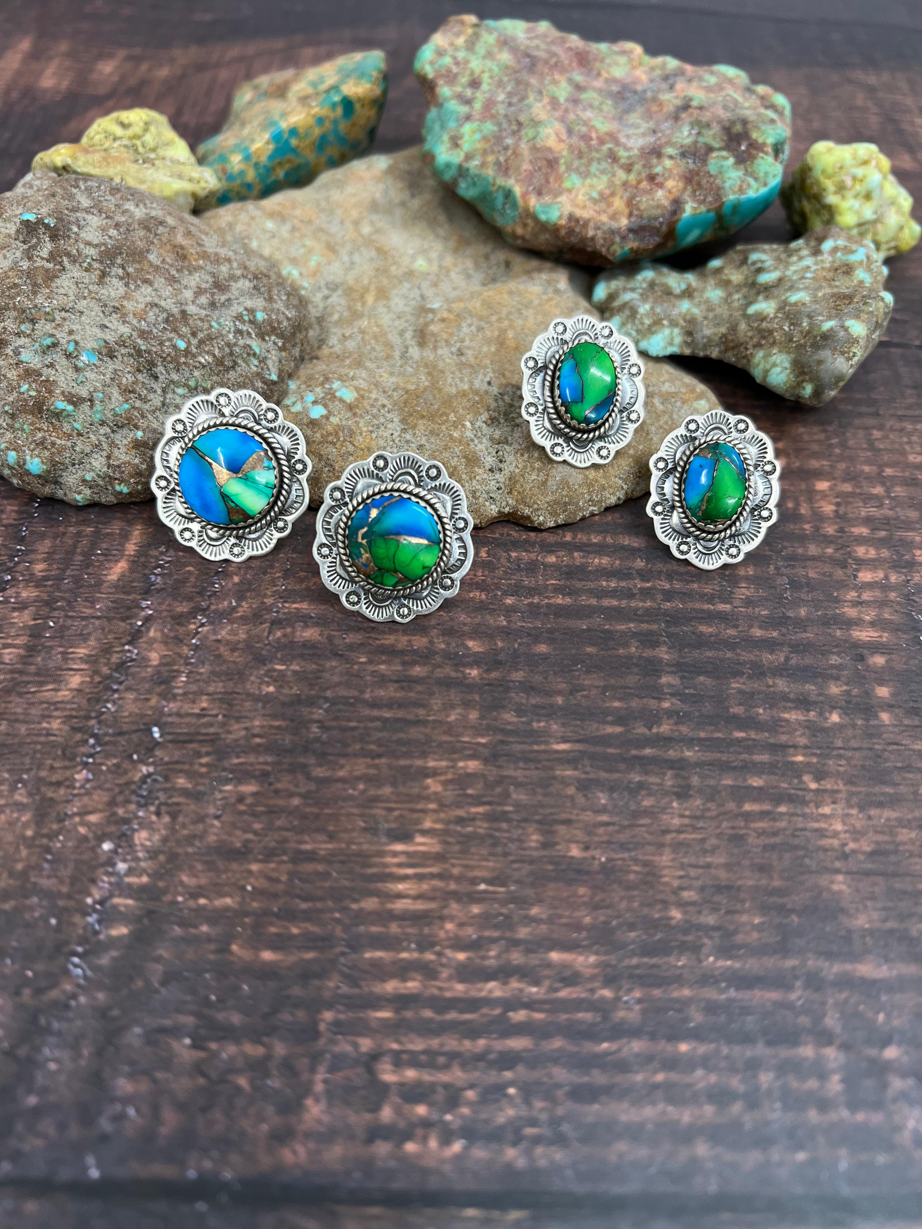 Handmade Sterling Silver Peacock Dahlia Post Earrings with Signed Nizhoni