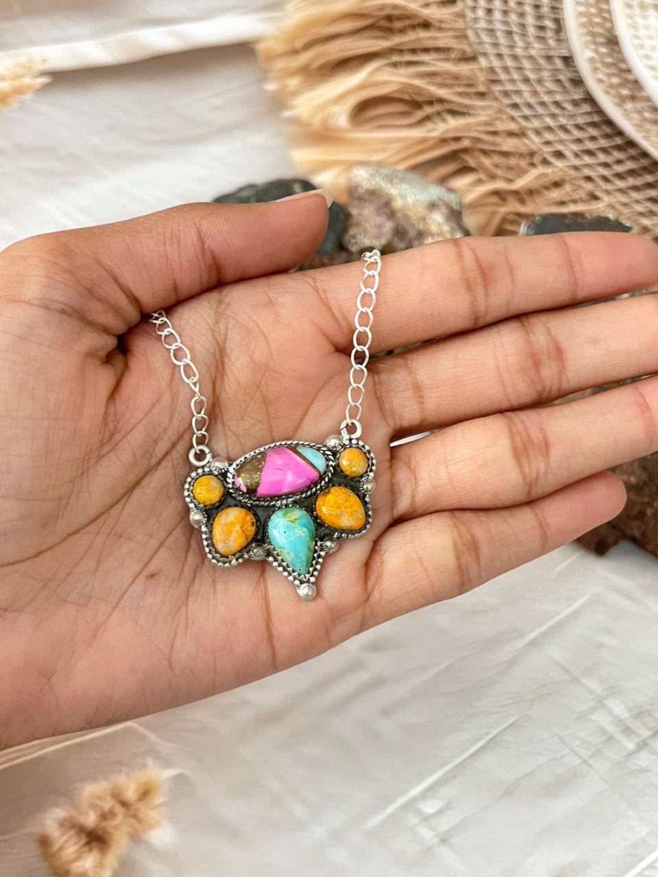 Handmade Sterling Silver Spring Collection: Bumblebee with Cotton Candy & Sonoran Mountain Turquoise Necklace "Signed Nizhoni"