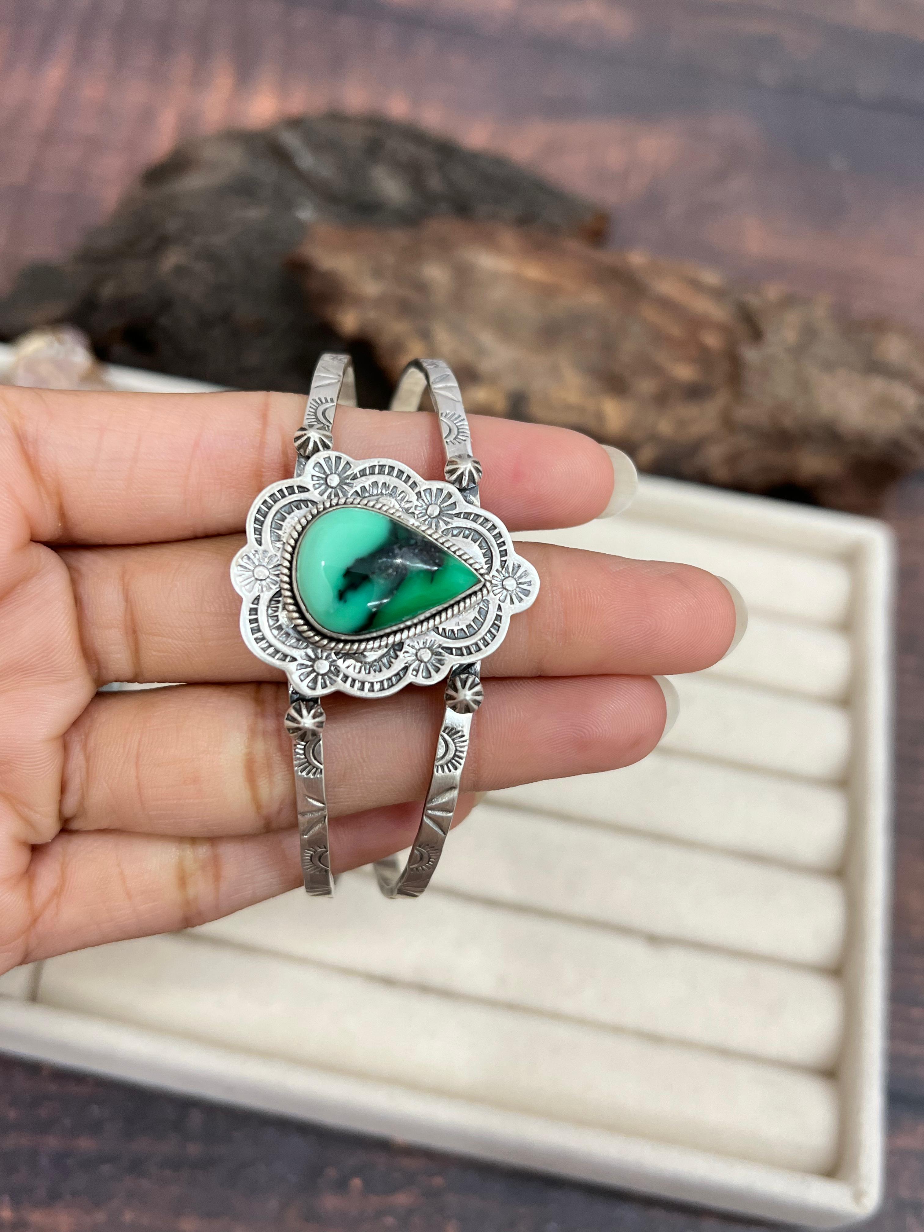 Handmade Sterling Silver Emerald Rose Cuff Bracelet with Signed Nizhoni