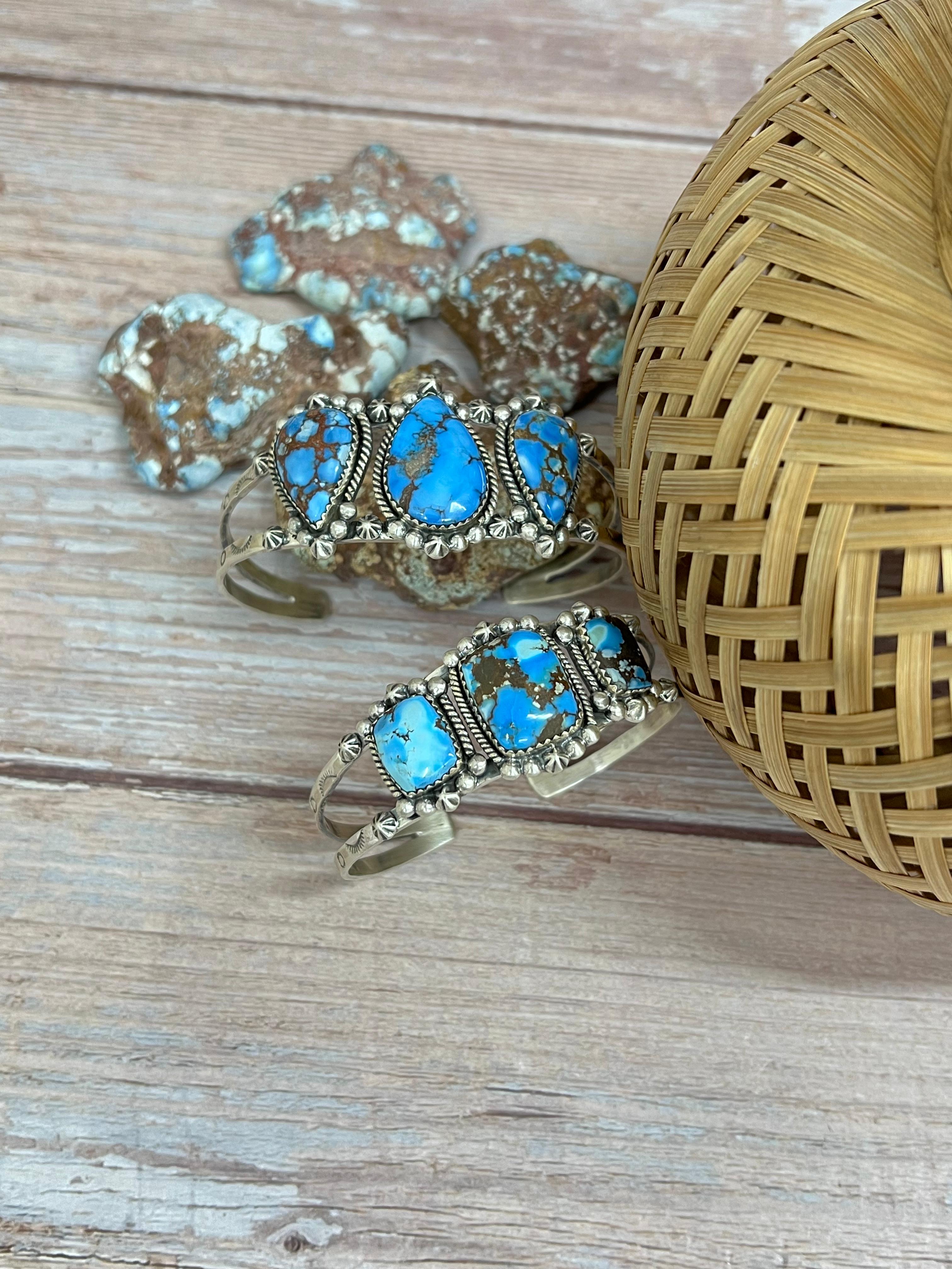 Handmade Sterling Silver Golden Hills Turquoise Cuff Bracelet with Signed Nizhoni /