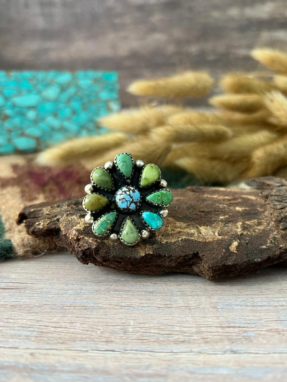 Handmade Sterling Silver Emerald Valley with Golden Hills Turquoise Adjustable Ring "Signed Nizhoni"