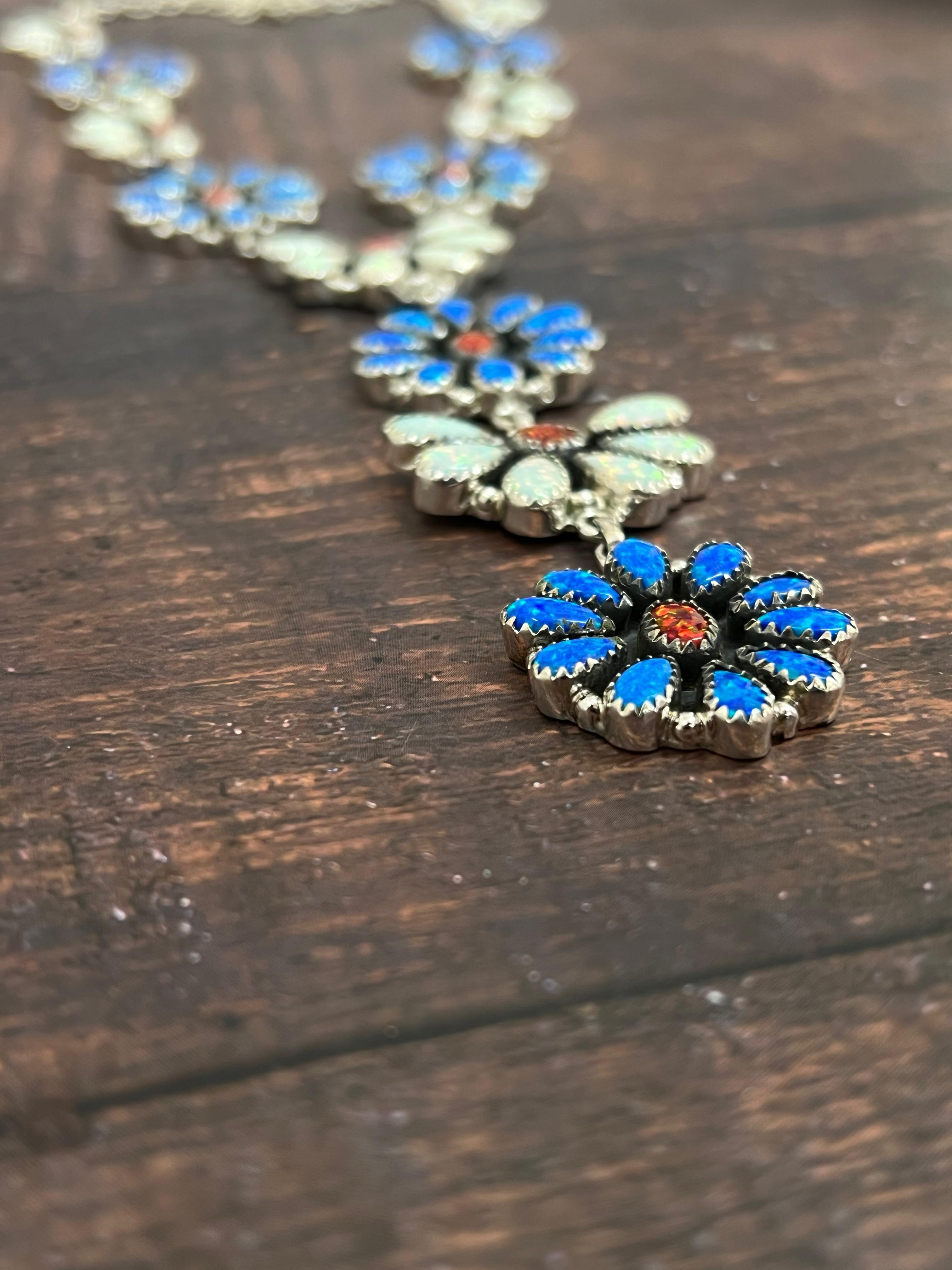 ** 4TH OF JULY ** Handmade Sterling Silver Synthetic Opal Necklace with Signed Nizhoni