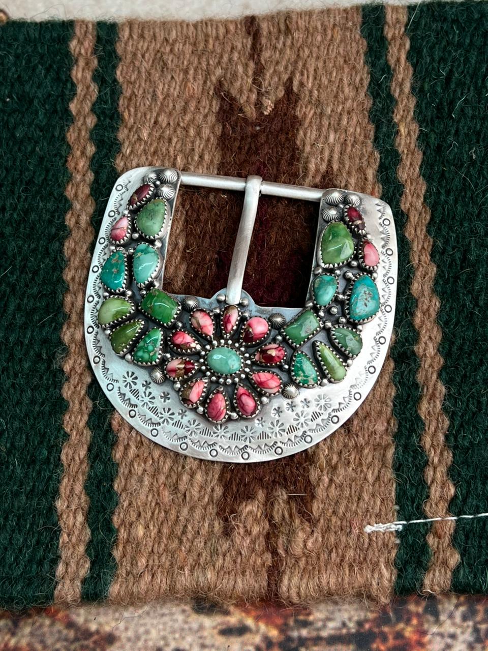 Handmade Sterling Silver Dahlia Rose with Emerald Valley Turquoise Buckle "Signed Nizhoni"