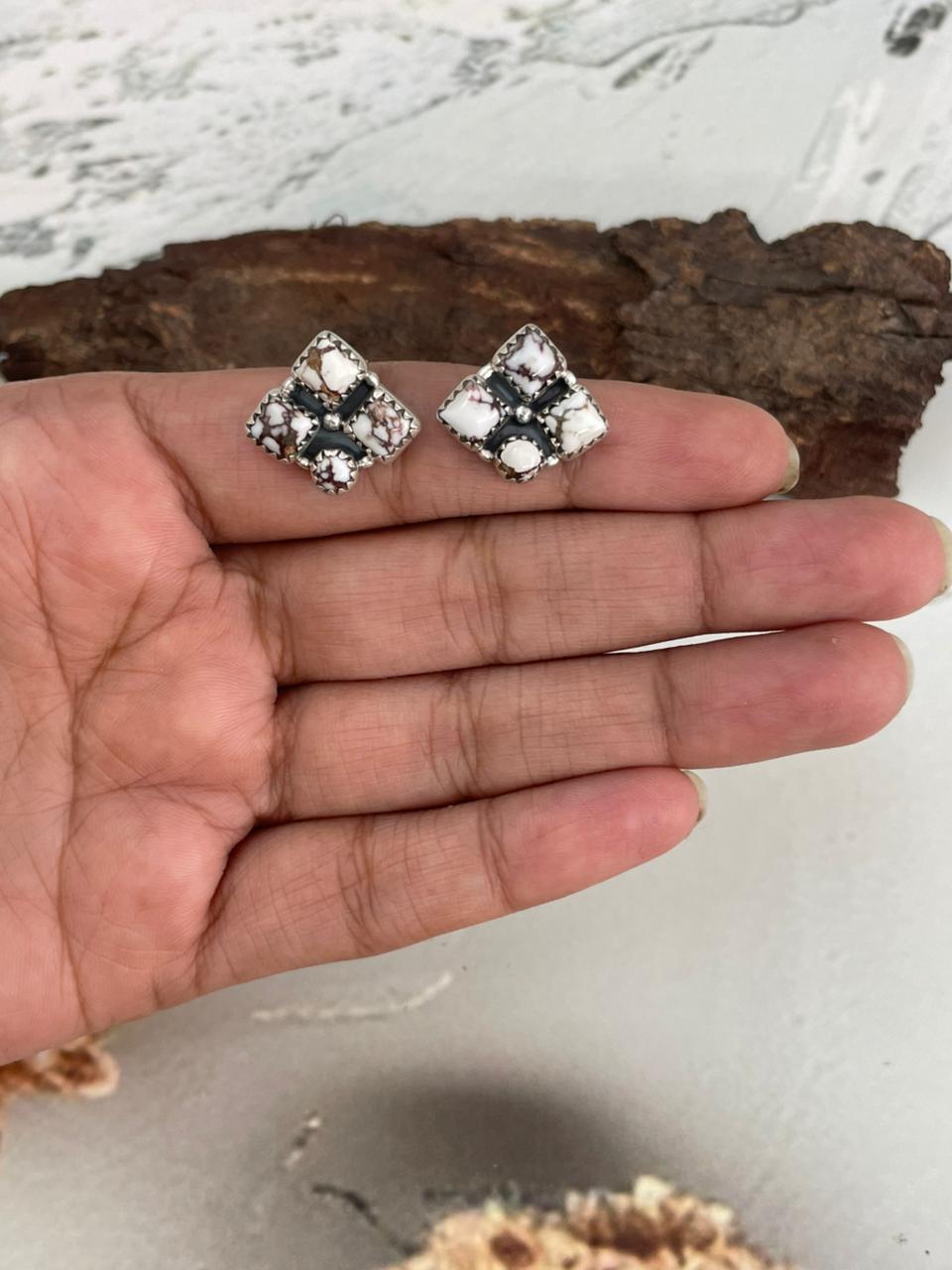 Handmade Sterling Silver Wildhorse Magnesite Post Studs Earrings "Signed Nizhoni"