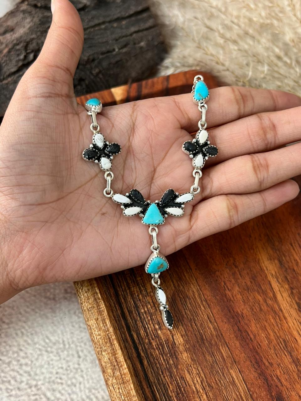 Handmade Sterling Silver Santa Maria Turquoise with White Buffalo Drop Necklace "Signed Nizhoni"