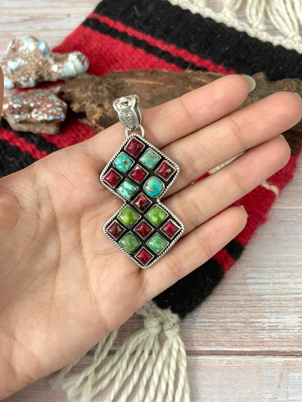 Handmade Sterling Silver Dahlia Rose with Emerald Valley Turquoise Pendant "Signed Nizhoni"