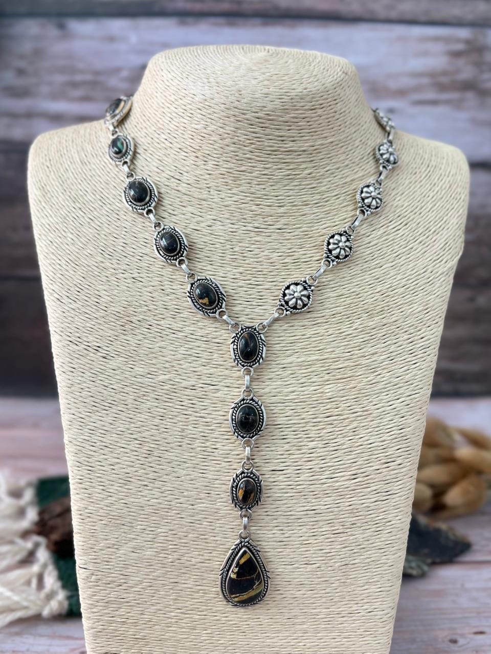 Handmade Sterling Silver Blackjack Turquoise Necklace "Signed Nizhoni"