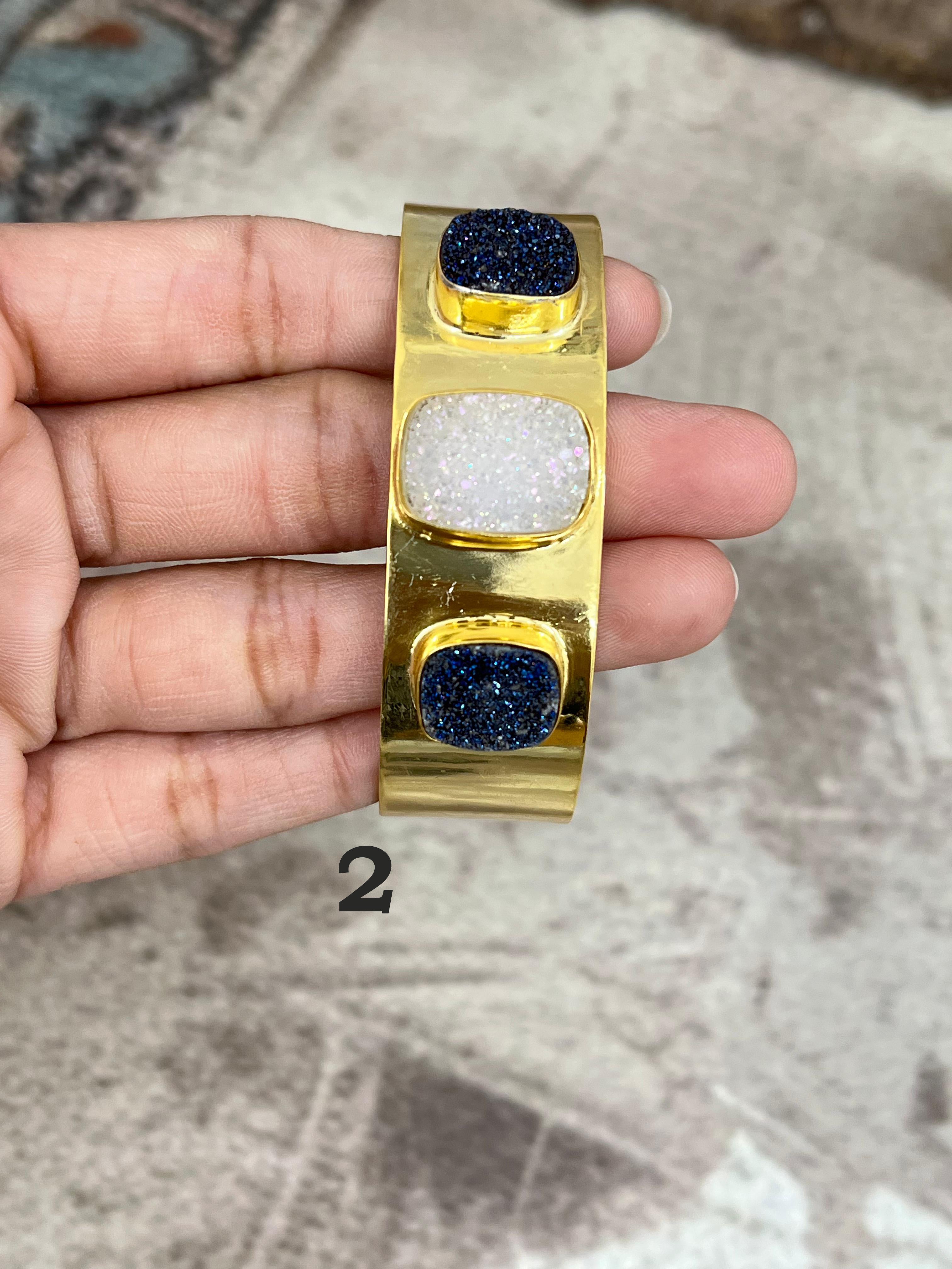 “The Boho Collection” Handmade Natural Gold Plated 3 Stone Druzy Cuff Bracelet